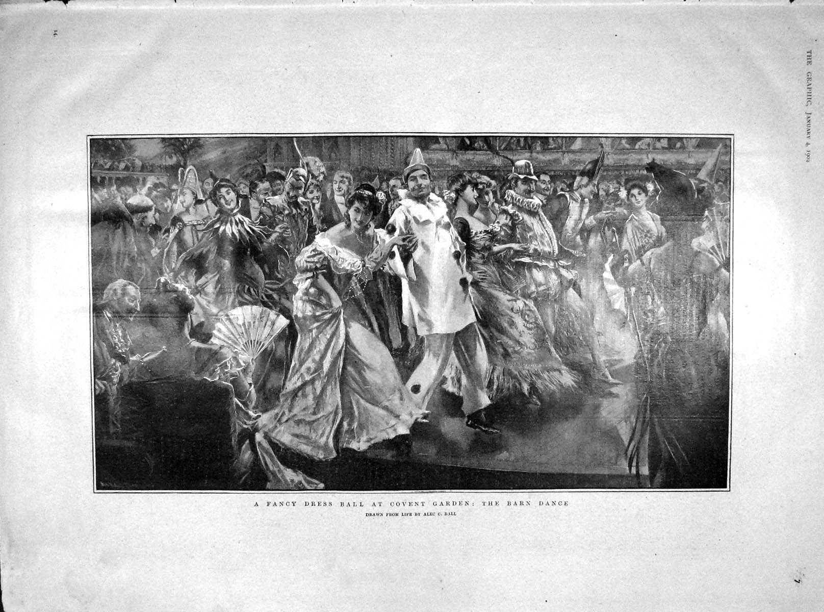 Old Antique Print 1902 Fancy Dress Ball Covent Garden Barn Dance Costumes 20th