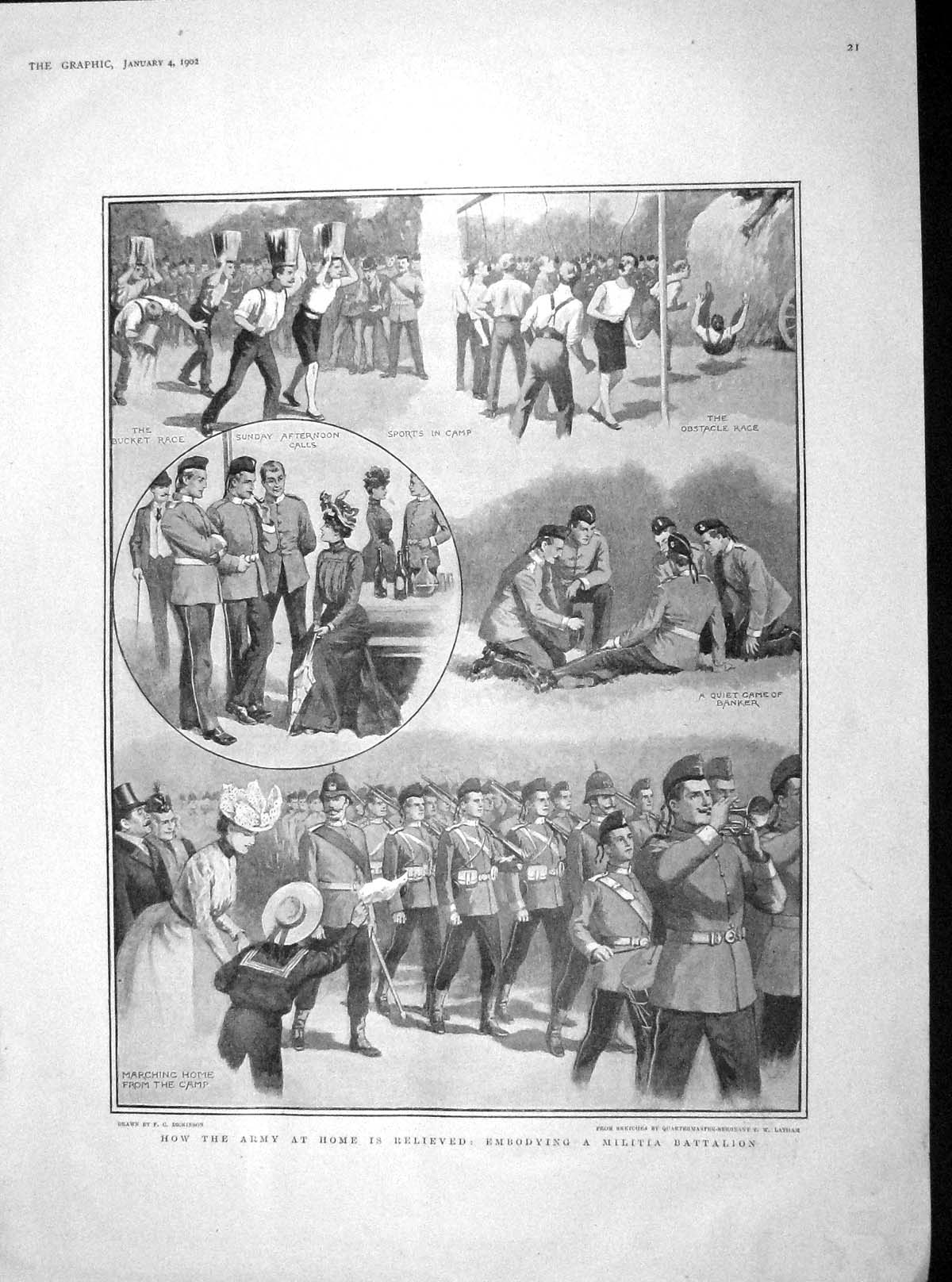 Original Old Antique Print 1902 Army Siers Militia Battalion Sport Hall Watts