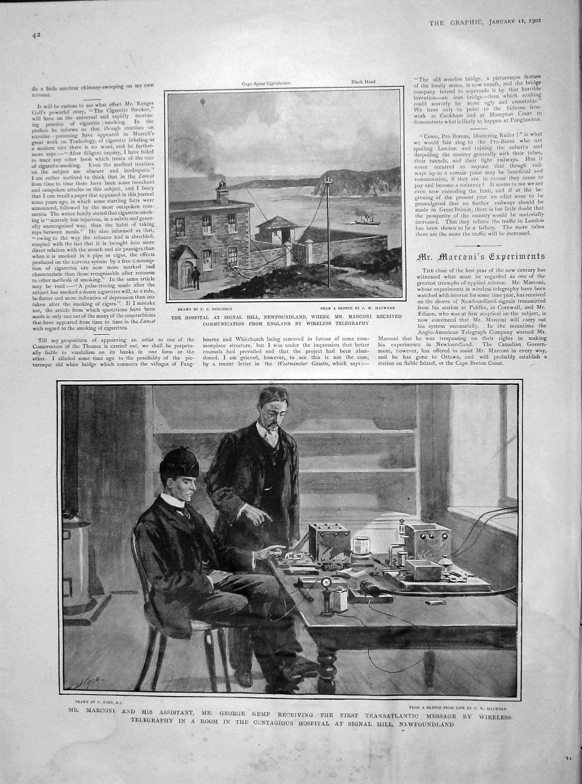 Original Old Antique Print 1902 Hospital Signal Newfoundland Marconi Kemp W 20th