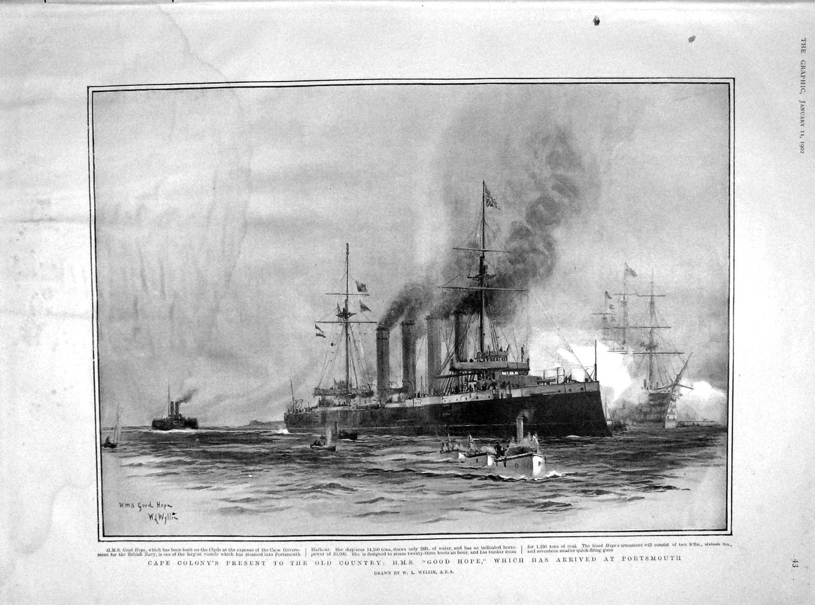 Original Old Antique Print 1902 Cape Colony H.M.S. Ship Good Hope Por 20th