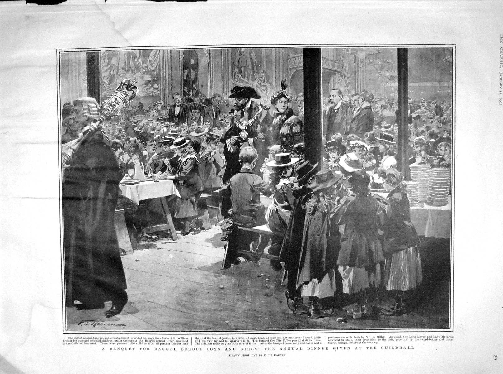 Original Old Antique Print 1902 Banquet Ragged School Boys Girls Guildhall 20th