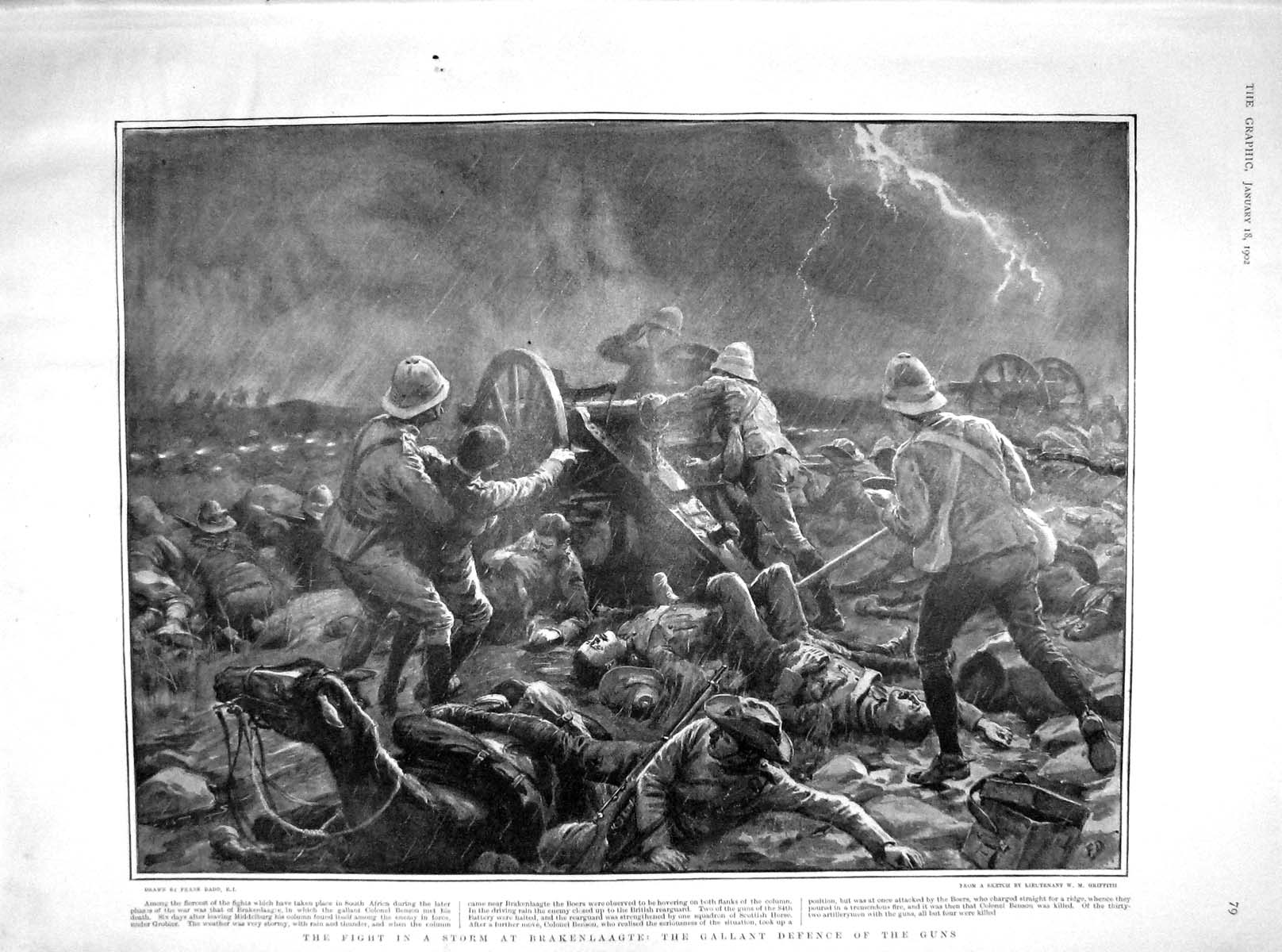 Original Old Antique Print 1902 Fight Storm Brakenlaagte Africa Siers Benson