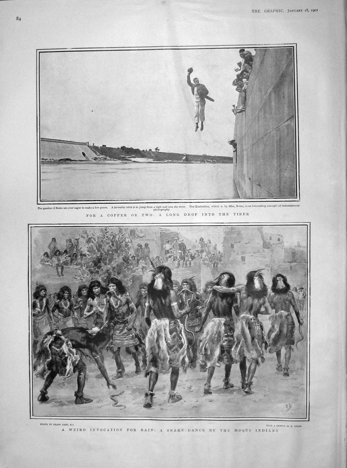 Old Antique Print 1902 Snake Dance Moqui Indians Gamins Rome Tiber Ship 20th