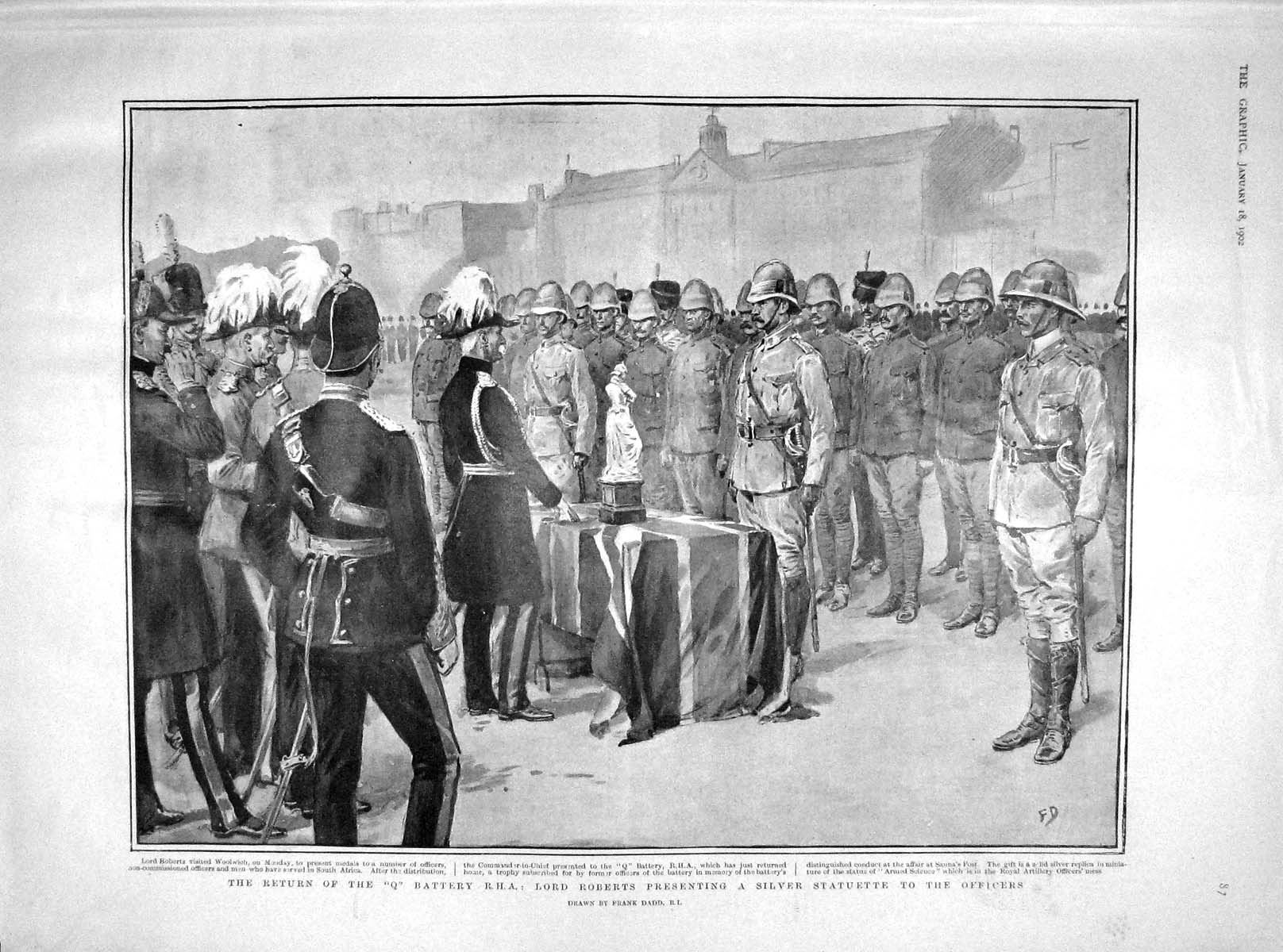 Original Old Antique Print 1902 Q Battery R.H.A. Lord Roberts Woolwich Siers
