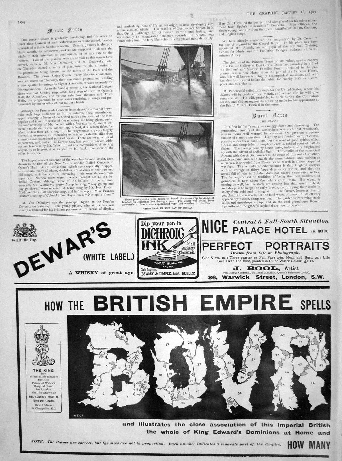 Old Antique Print 1902 Bay Biscay Steam Ship Orianda Dewars Whisky King 20th