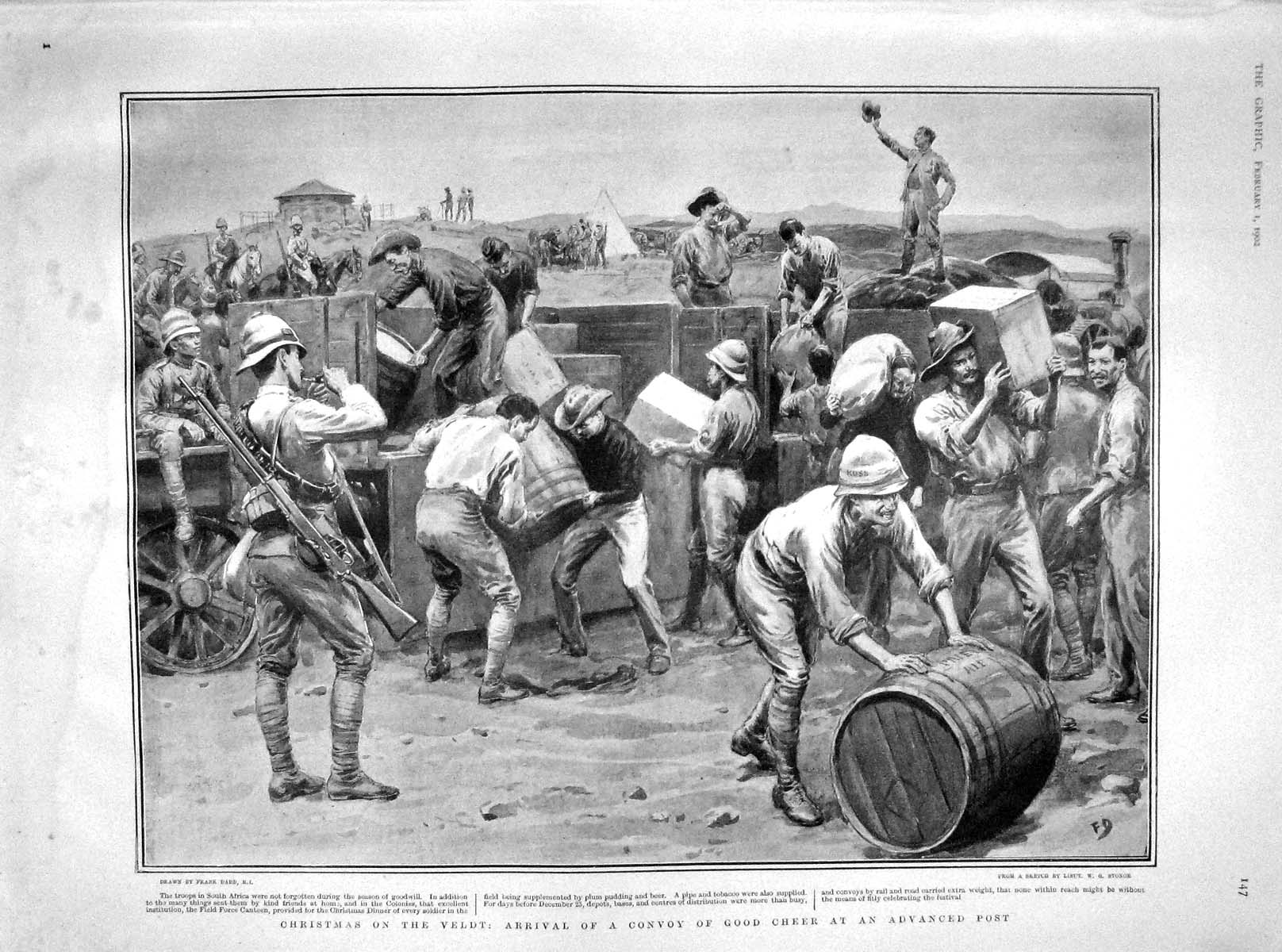 Original Old Antique Print 1902 Christmas Veldt Africa War Siers Beer Plum Pud