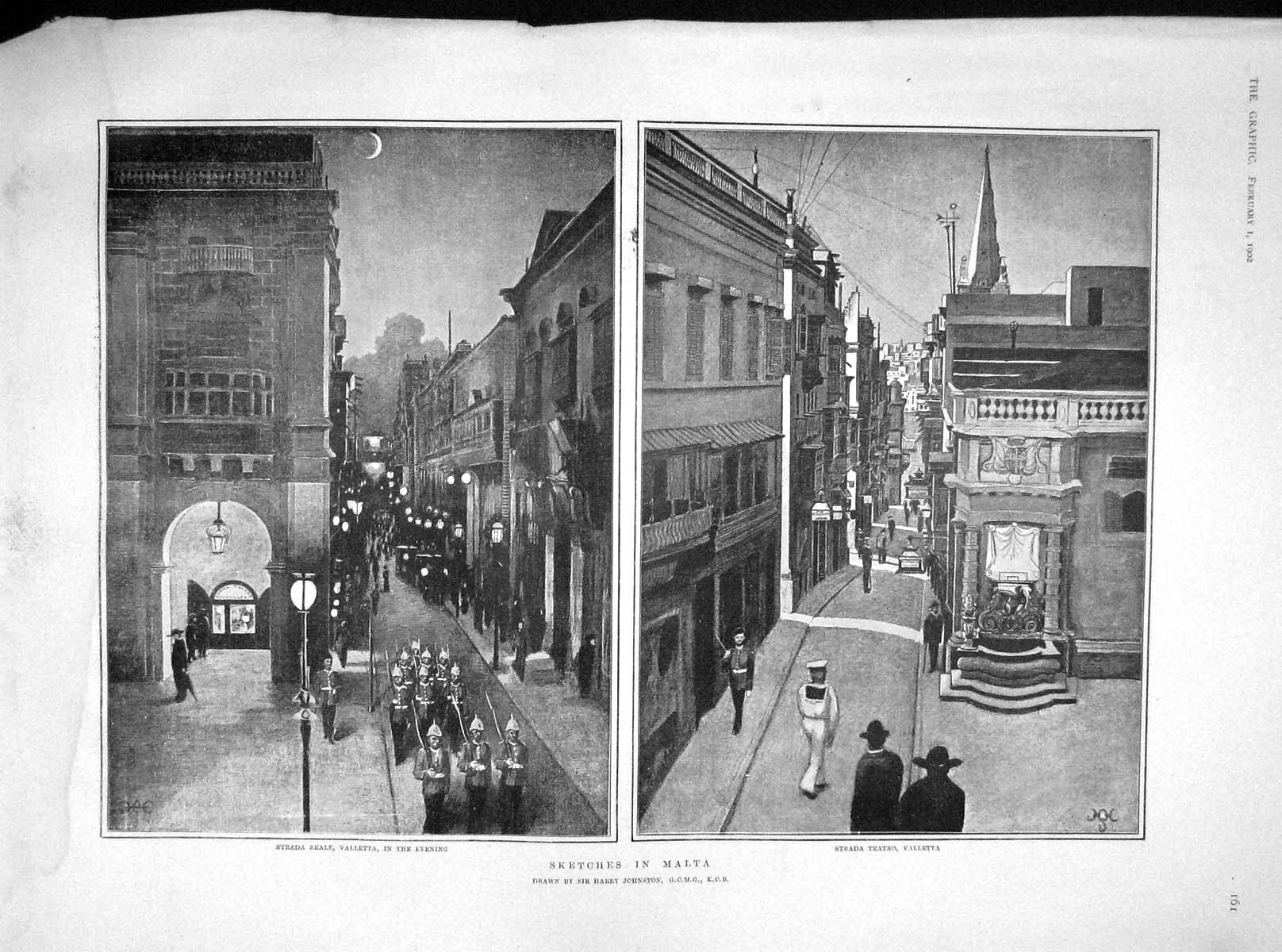 Original Old Antique Print 1902 Malta Strada Teatro Valletta Street Scene 20th