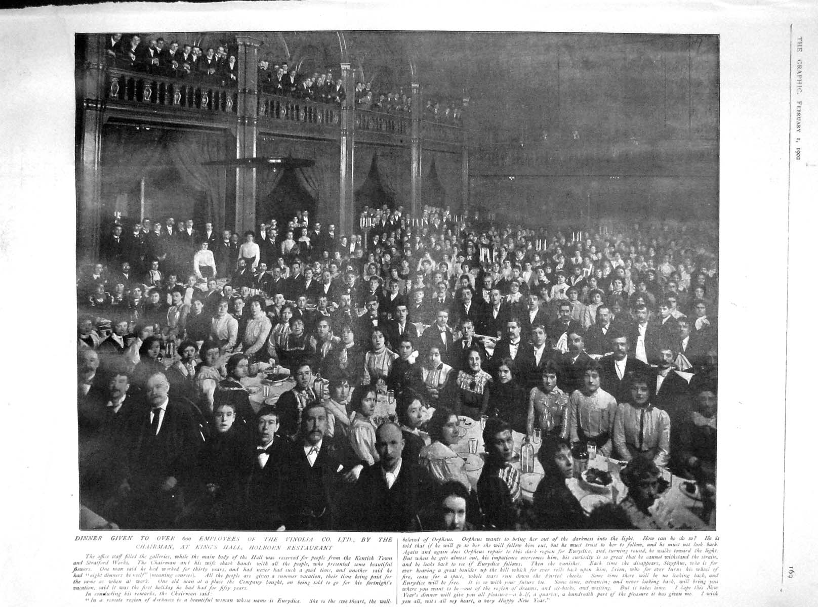 Old Antique Print 1902 Dinner Employees Vinolia King'S Holborn Restaurant 20th