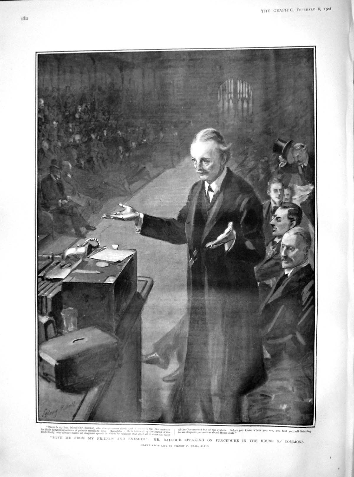 Original Old Antique Print 1902 Balfour House Commons Parliament Bowles Men