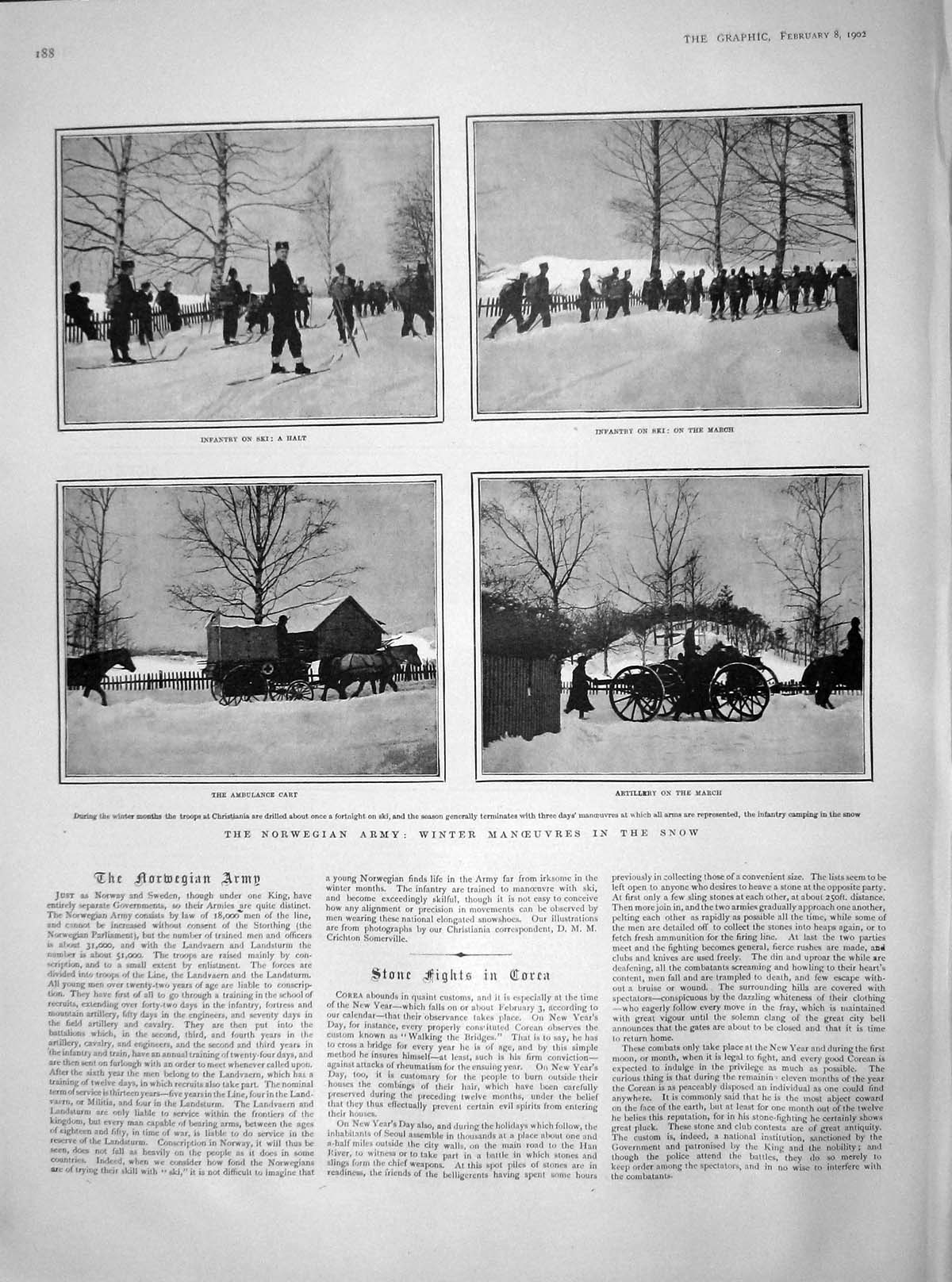 Old Antique Print 1902 Norwegian Army Ambulance Cart Snow Artillery War 20th
