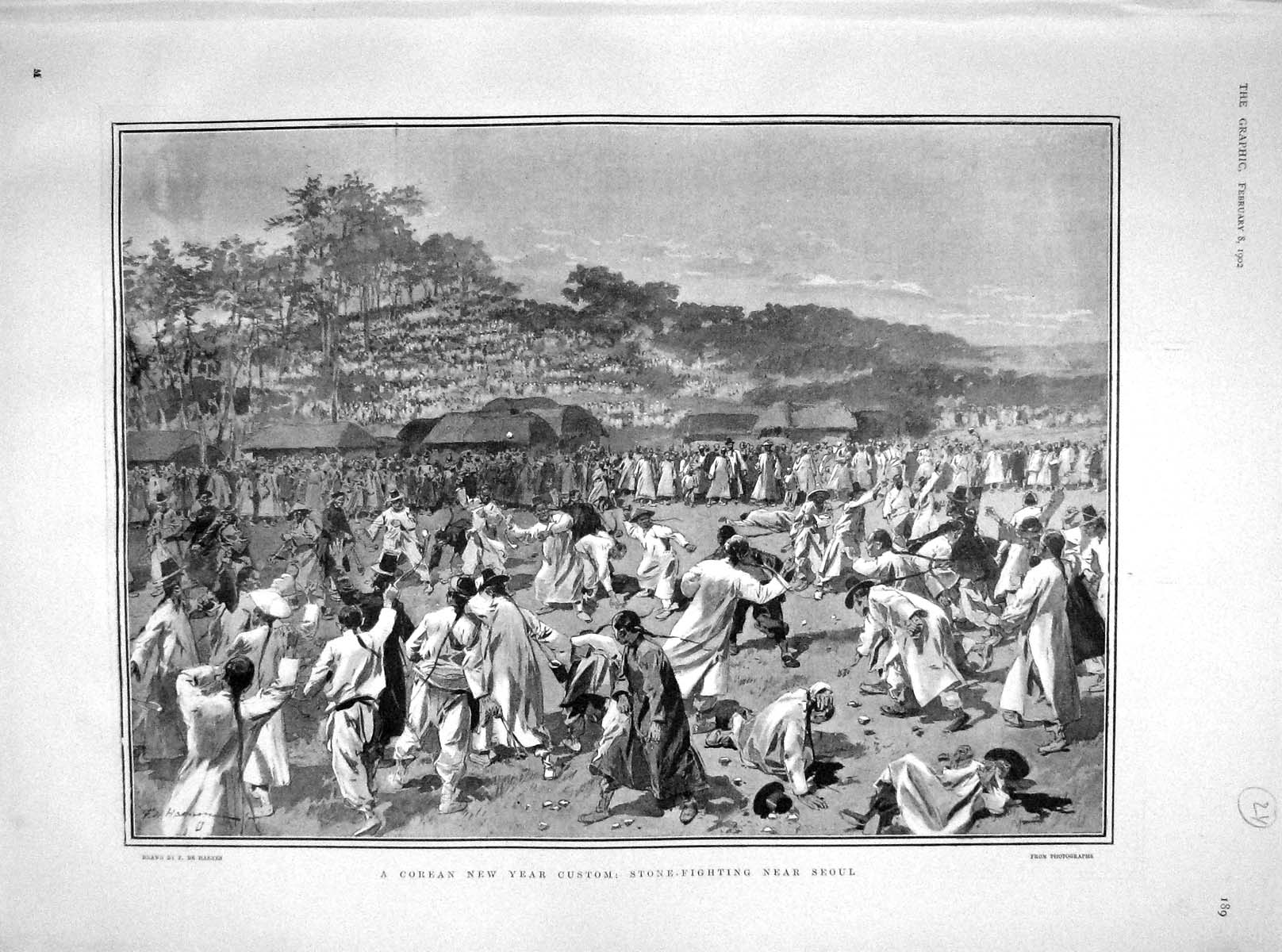 Original Old Antique Print 1902 Corean New Year Custom Stone Fightin 20th