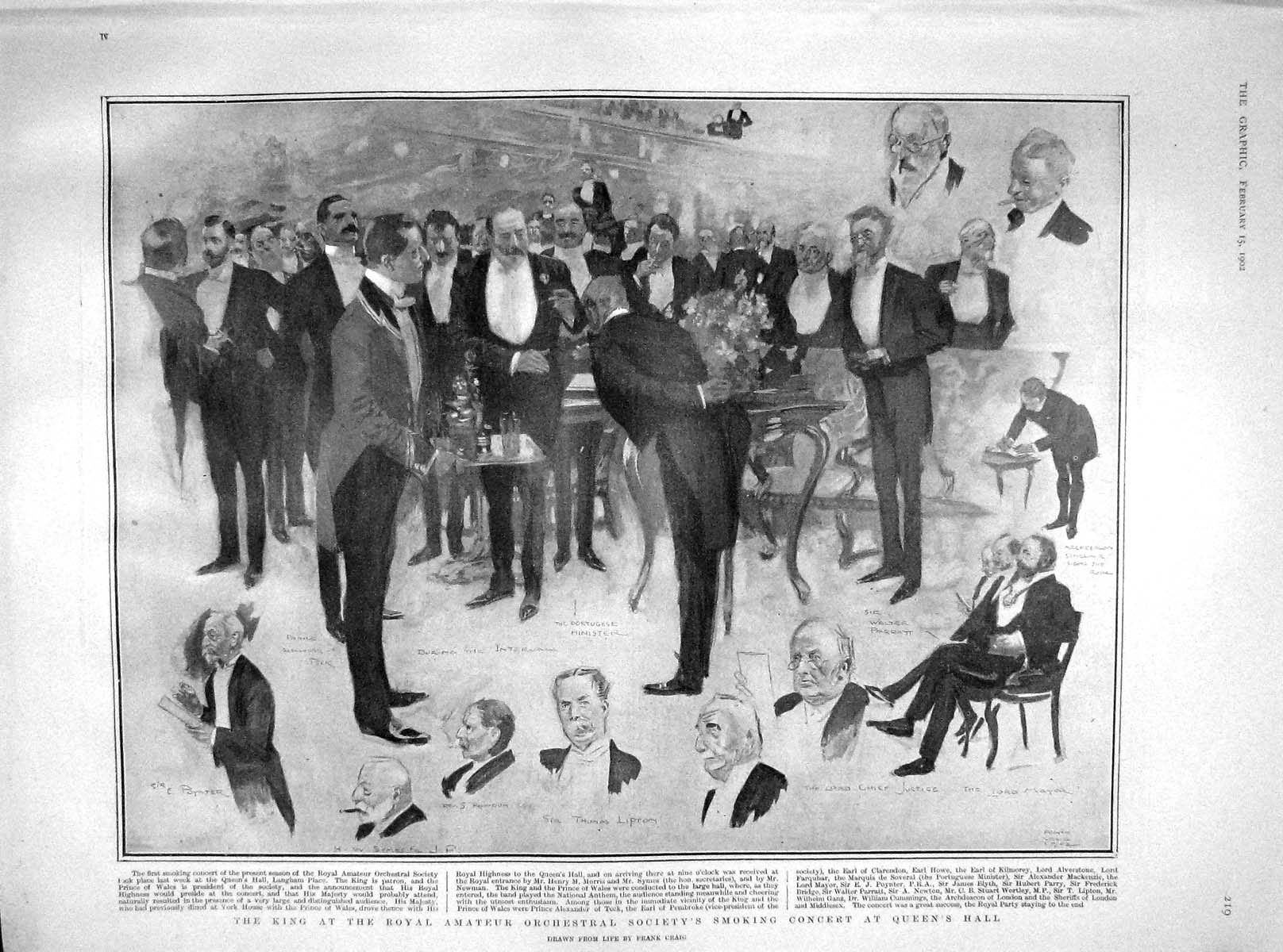 Old Antique Print 1902 King Royal Orchestral Smoking Concert Queen'S Hall 20th