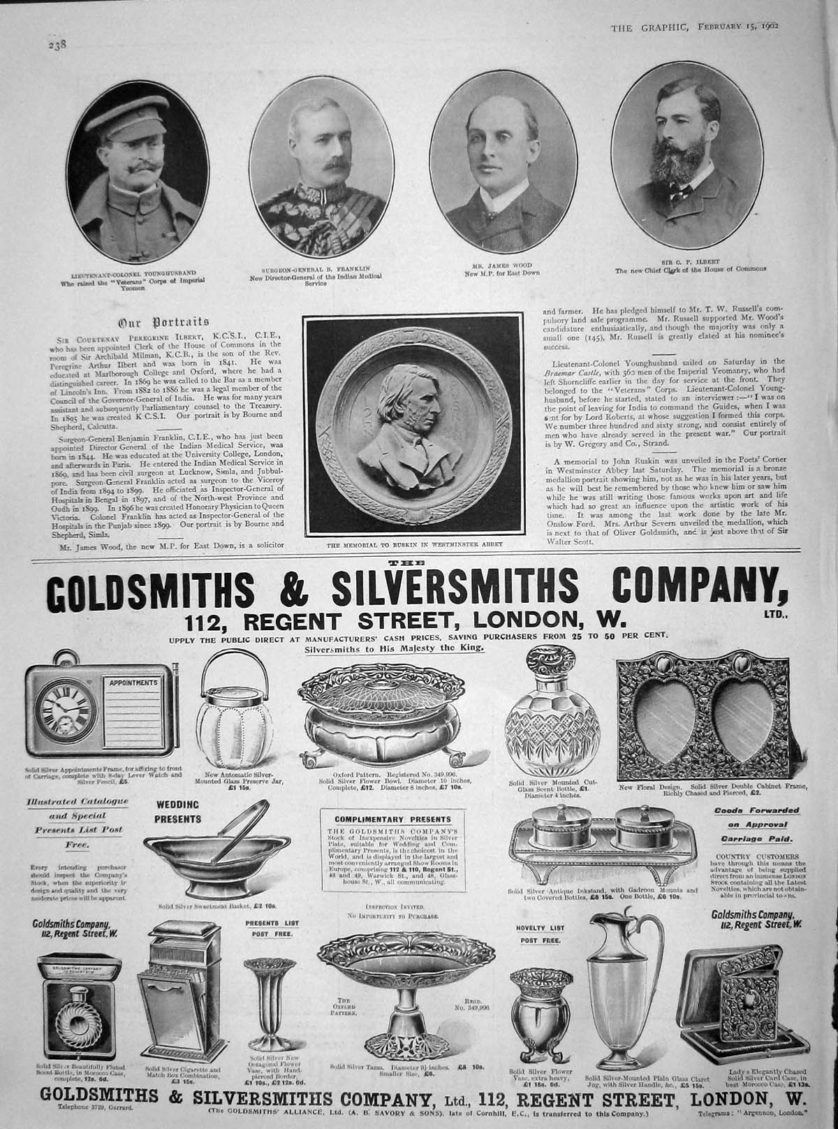 Old Antique Print 1902 Younghusband Franklin Wood Ilbert Memorial Ruskin 20th