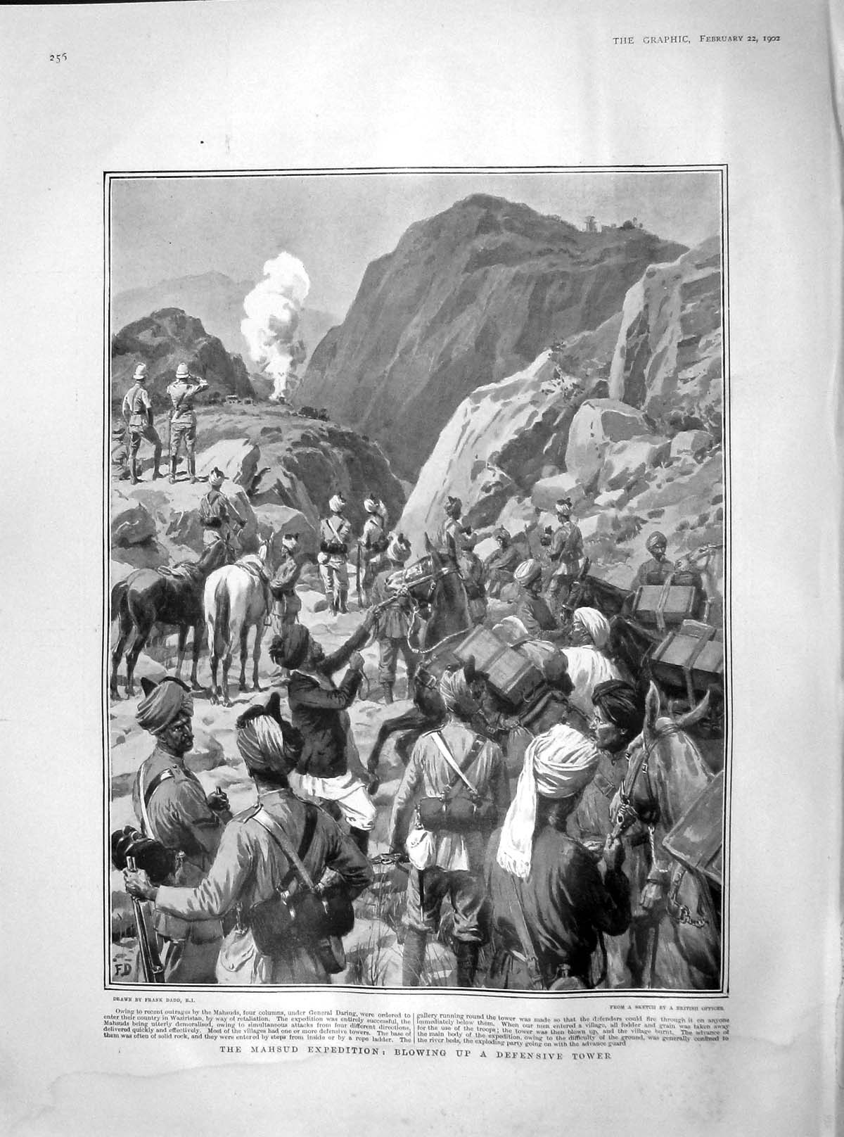 Old Antique Print 1902 Mahsud Expedition Blowing Defenzive Tower Daring 20th