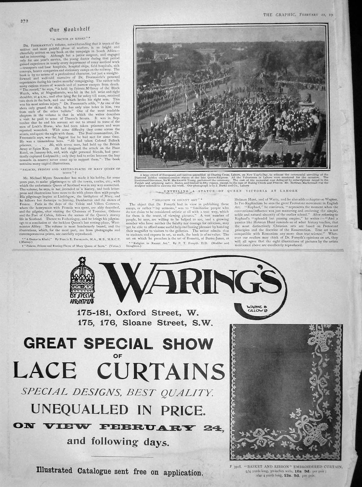 Old Antique Print 1902 Statue Queen Victoria Lahore Waring Lace Curtain 20th