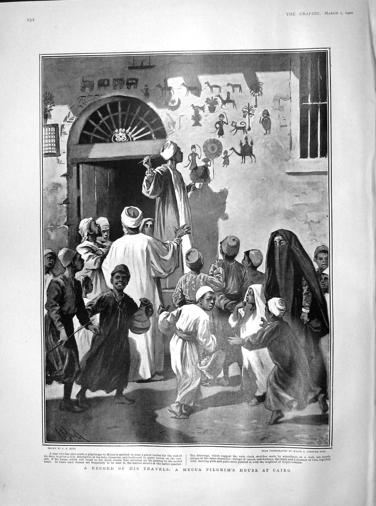 Original Old Antique Print 1902 Mecca Pilgrims House Cairo Schoolboys D 20th