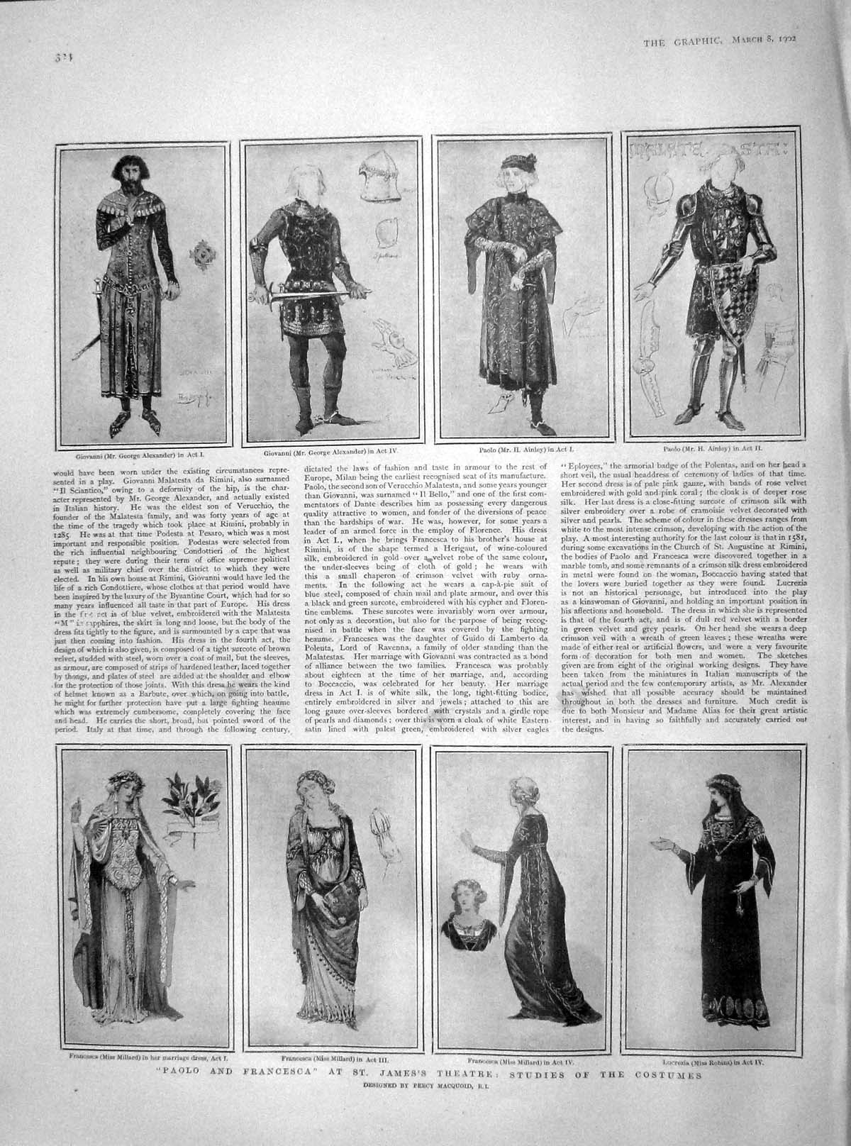 Old Antique Print 1902 Paolo Francesca Theatre Ainley Millard Riots Turin 20th