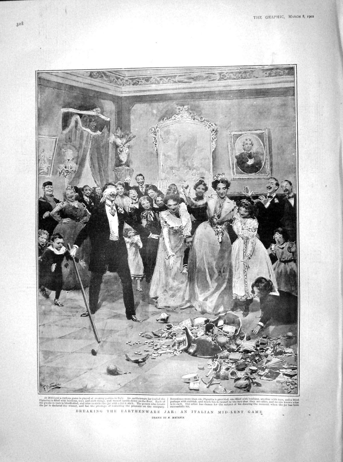 Original Old Antique Print 1902 Italian Mid-Lent Game Breaking Earthenware Jar