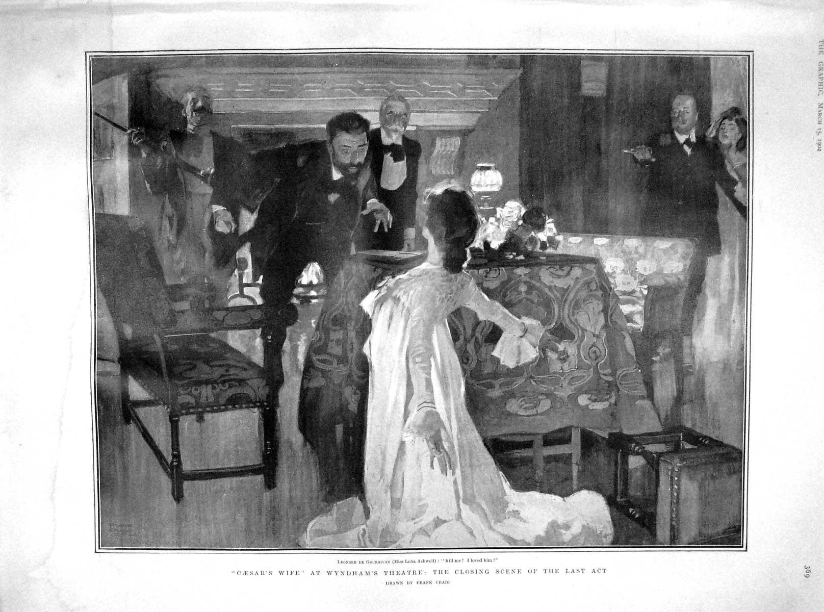 Original Old Antique Print 1902 Caesar'S Wife Wyndham Theatre Lena Ashwell 20th