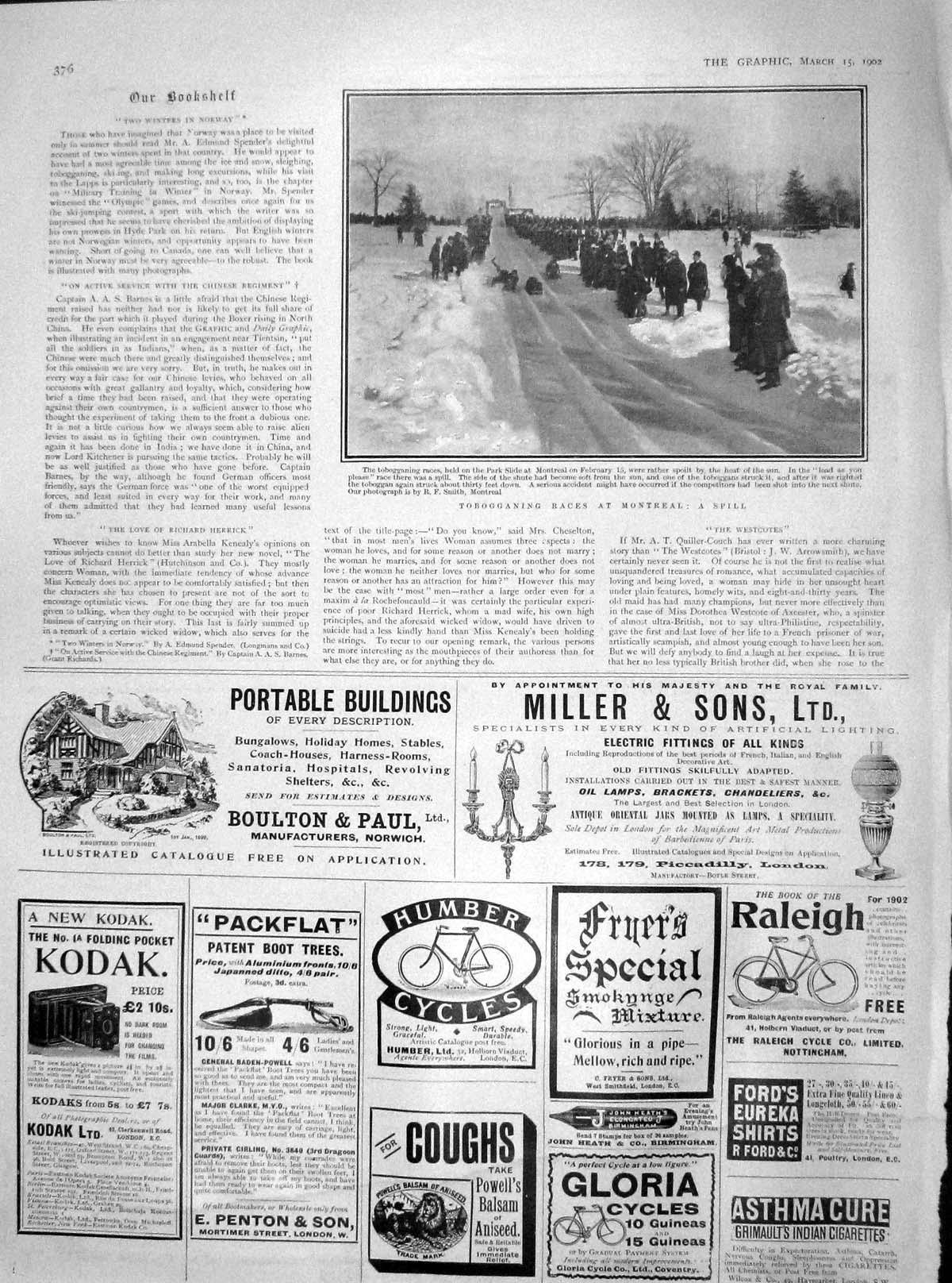 Original Old Antique Print 1902 Tobogganing Races Montreal Canada Park Slide