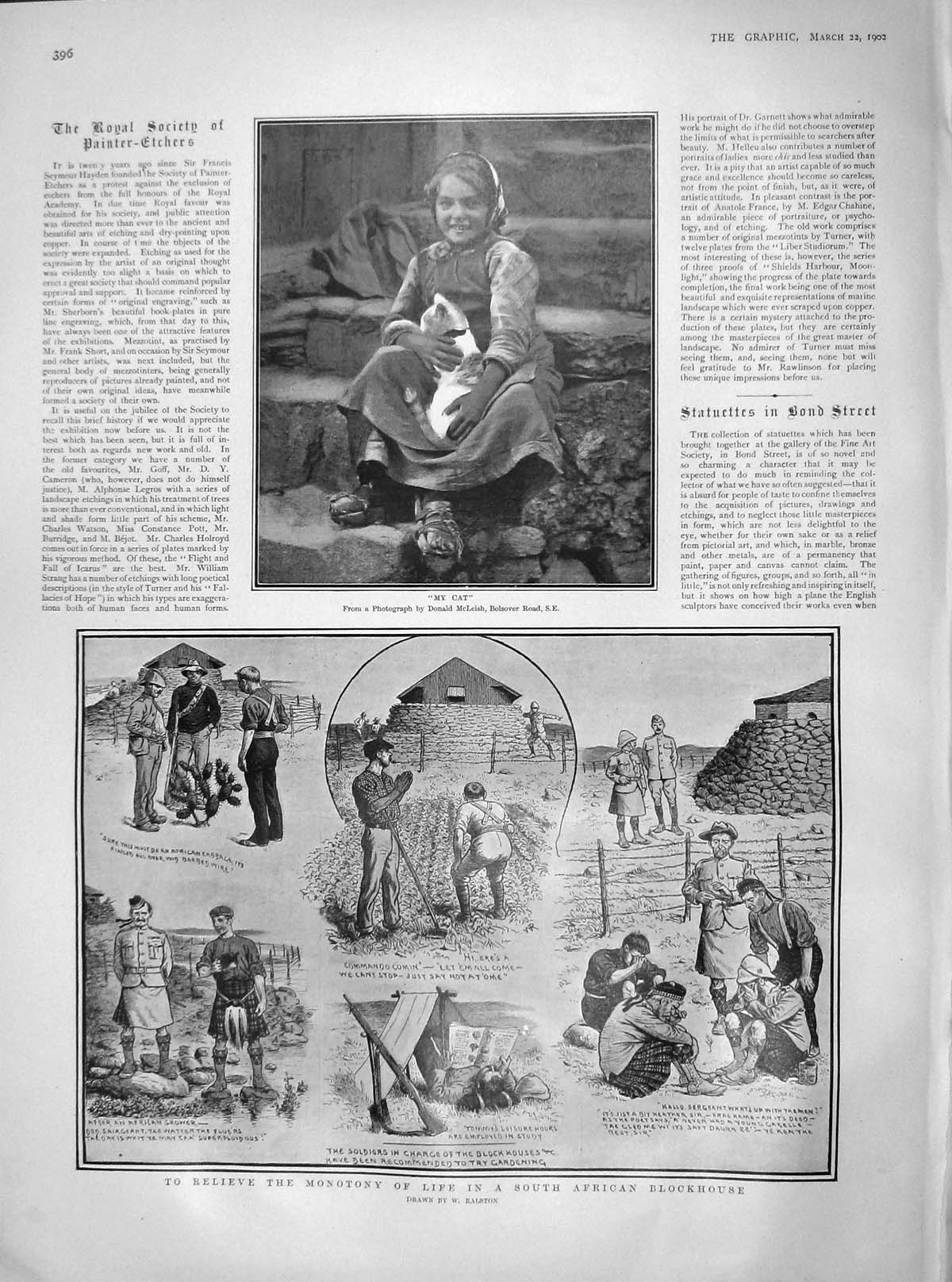 Original Old Antique Print 1902 Little Girl Cat African Blockhouse Si 20th
