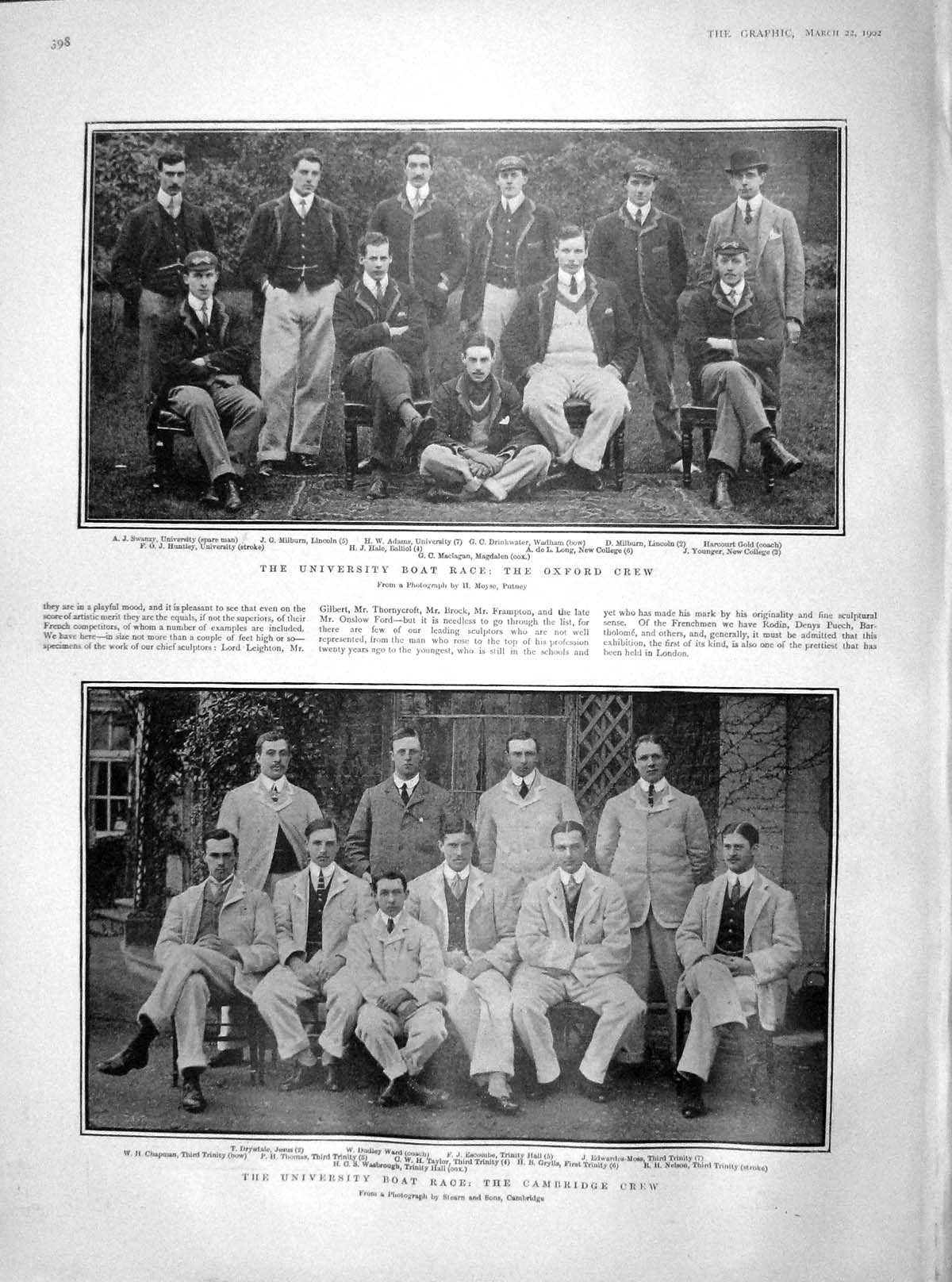 Original Old Antique Print 1902 University Boat Crew Oxford Cambridge Hall 20th