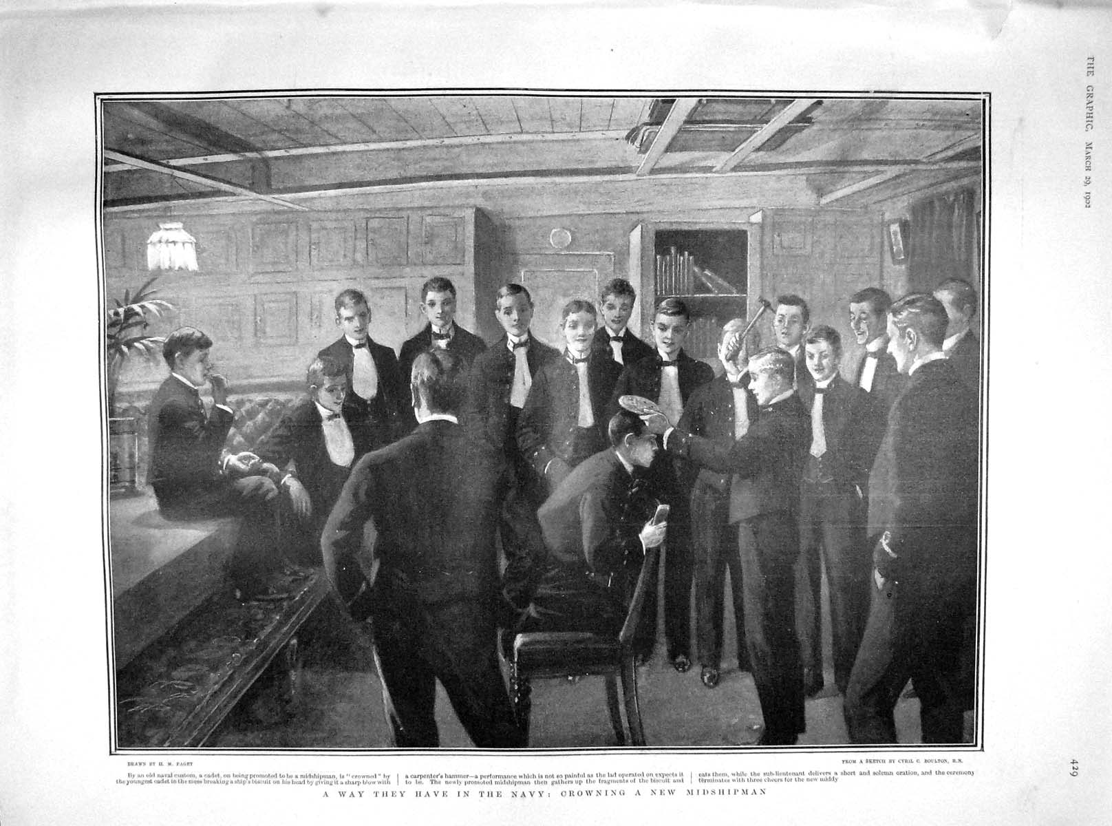 Original Old Antique Print 1902 Navy Crowning Midshipman Crowned Biscuit Hammer