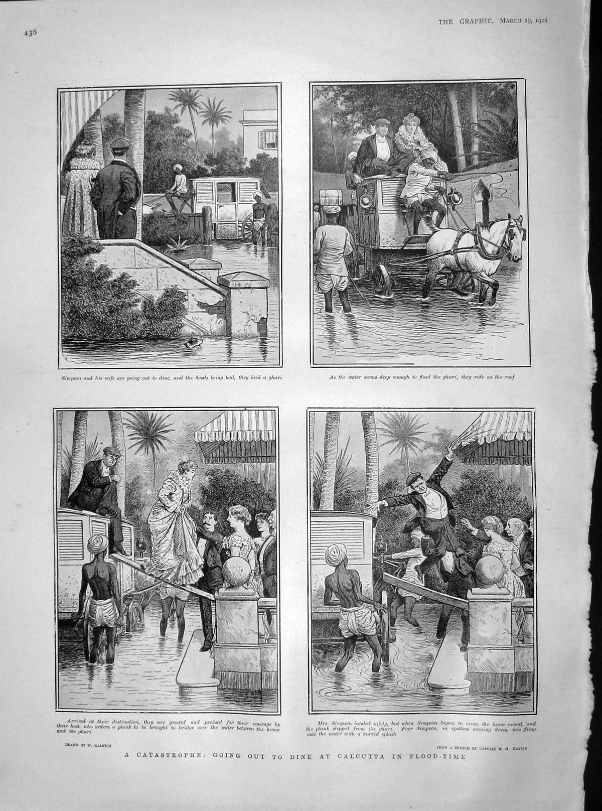 Original Old Antique Print 1902 Floods Calcutta India Simpson Horses C 20th