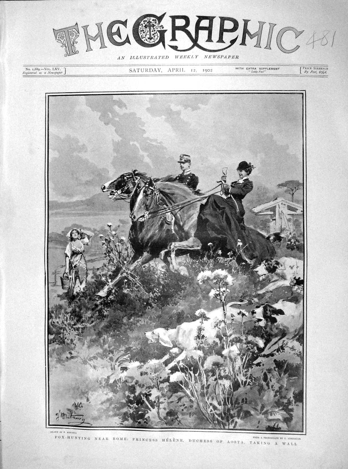 Original Old Antique Print 1902 Fox Hunting Princess Helene Duchess Aost 20th
