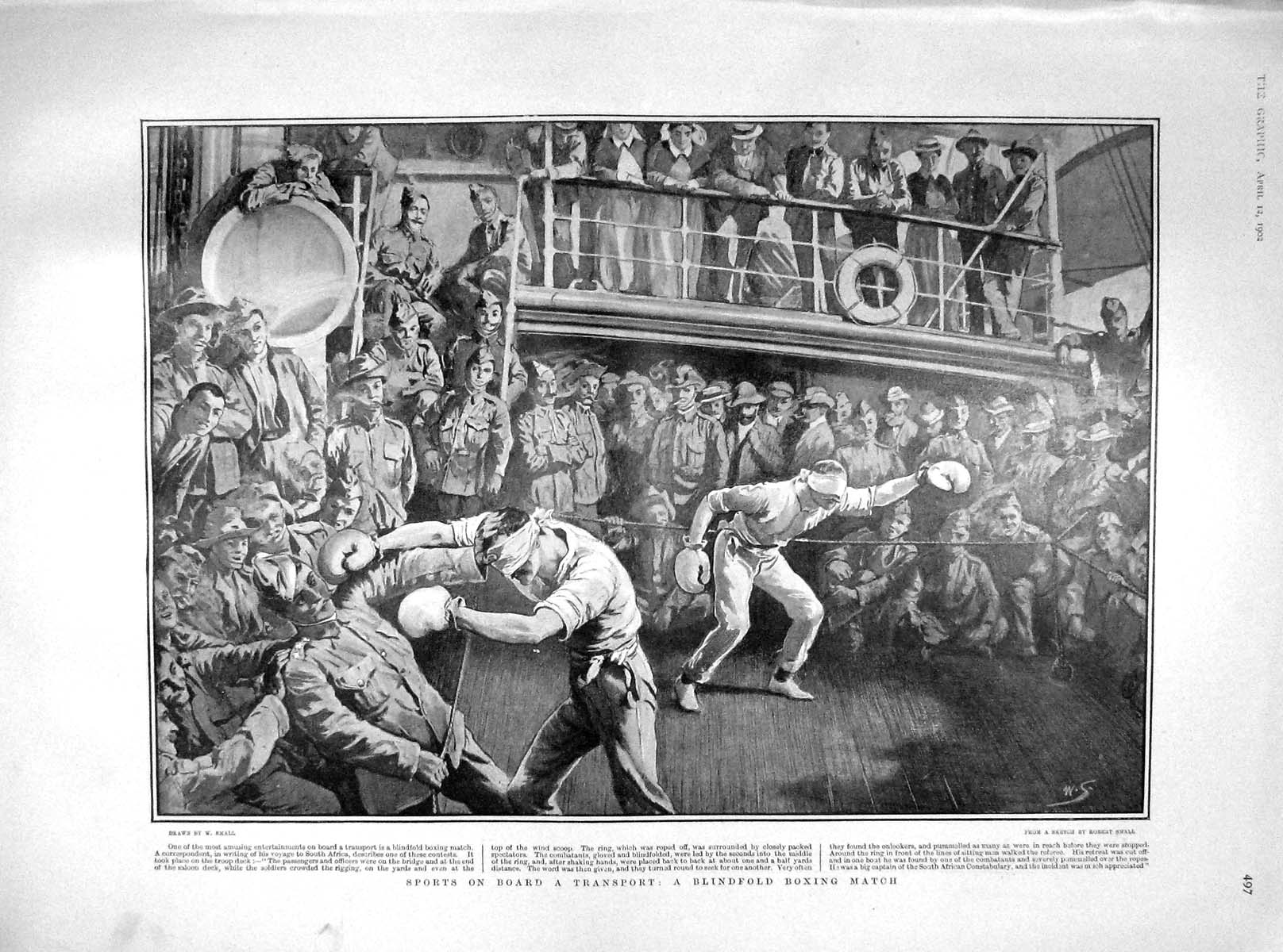 Original Old Antique Print 1902 Sports Board Transport Ship BlindfBoxing Match