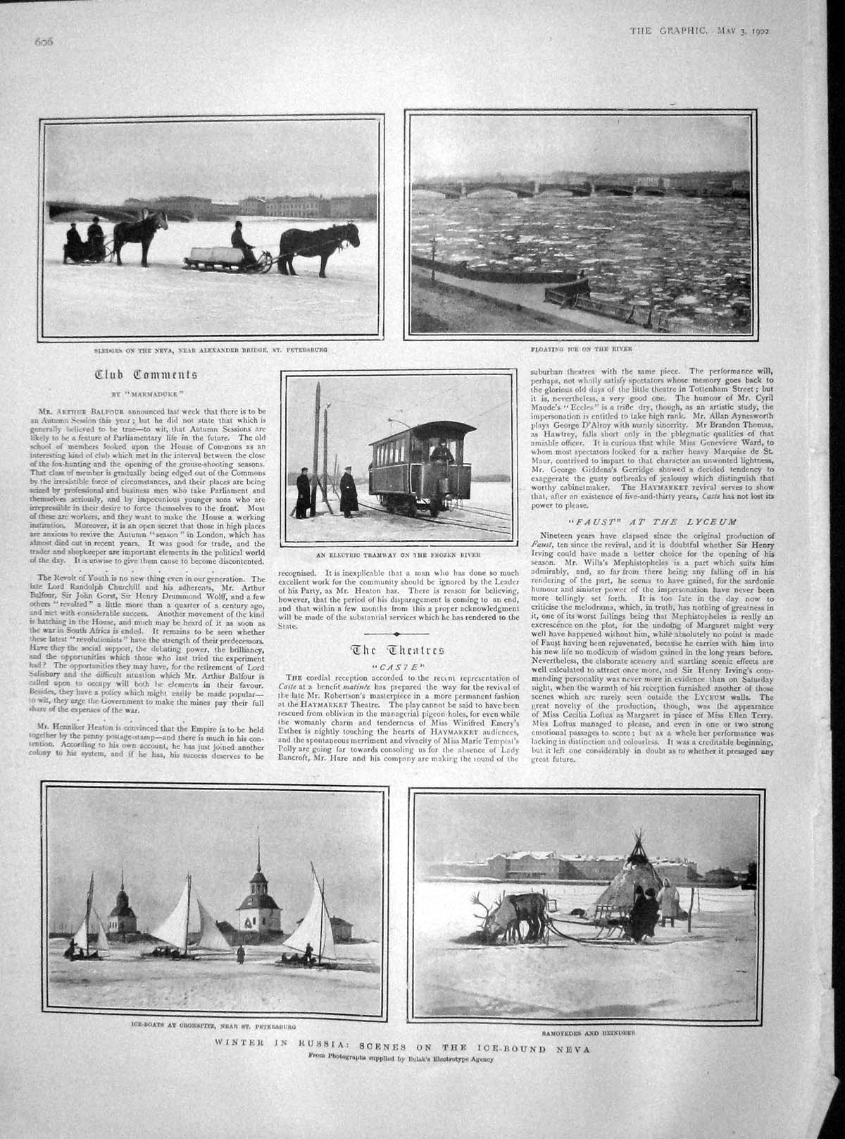 Old Antique Print 1902 Winter Russia Neva Samoyedes Reindeer Tramway Ice 20th