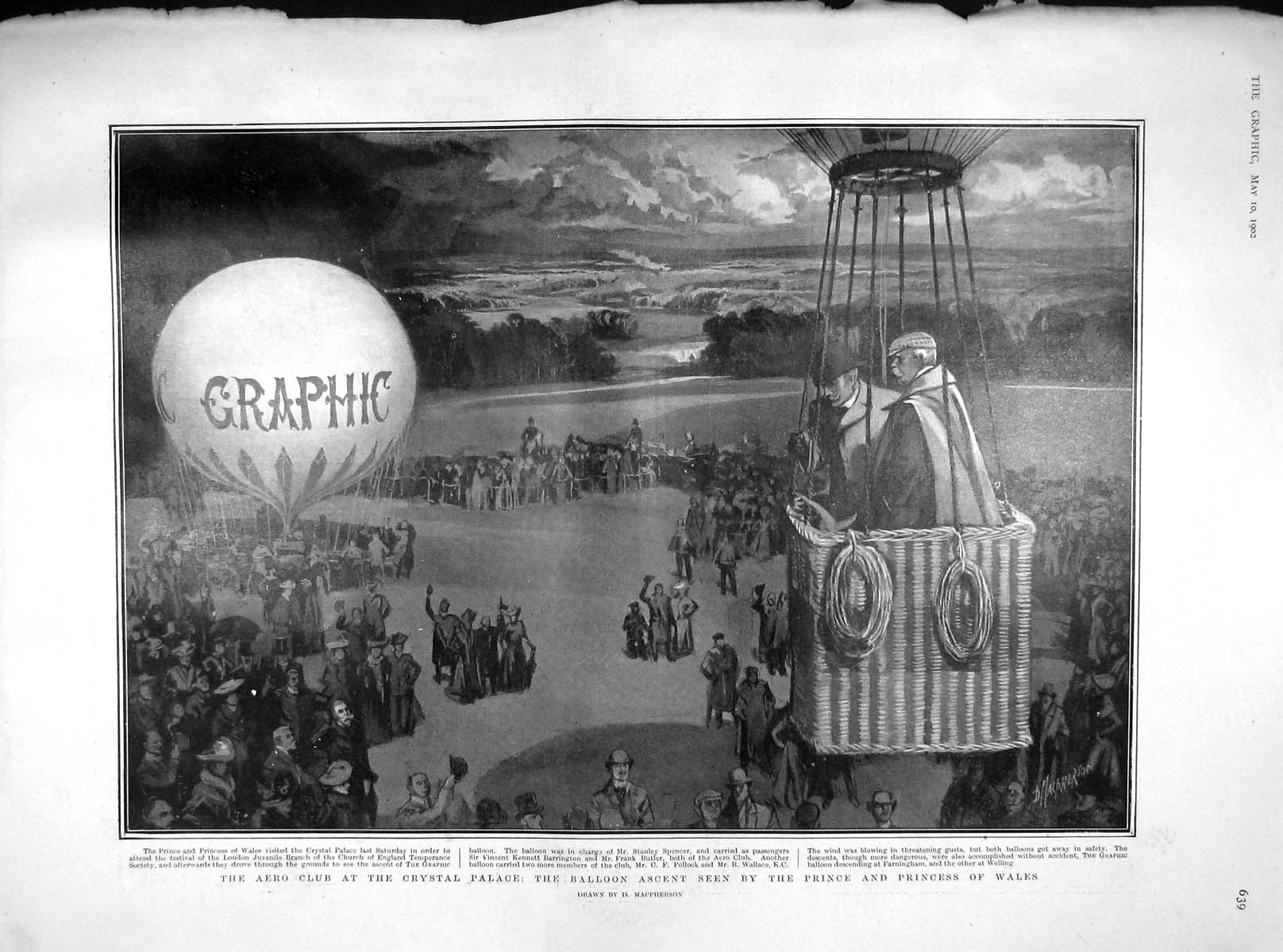 Original Old Antique Print 1902 Aero Club Crystal Palace Balloon Pricne Wales