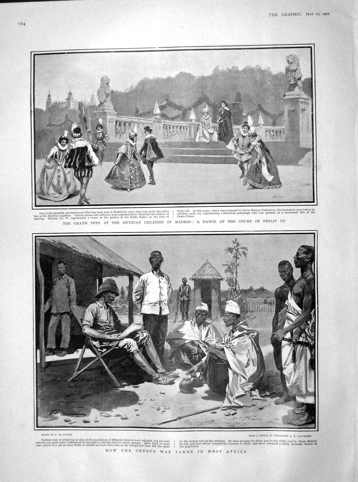 Old Antique Print 1902 Census War Africa Fete Mexican Madrid Court Philip 20th