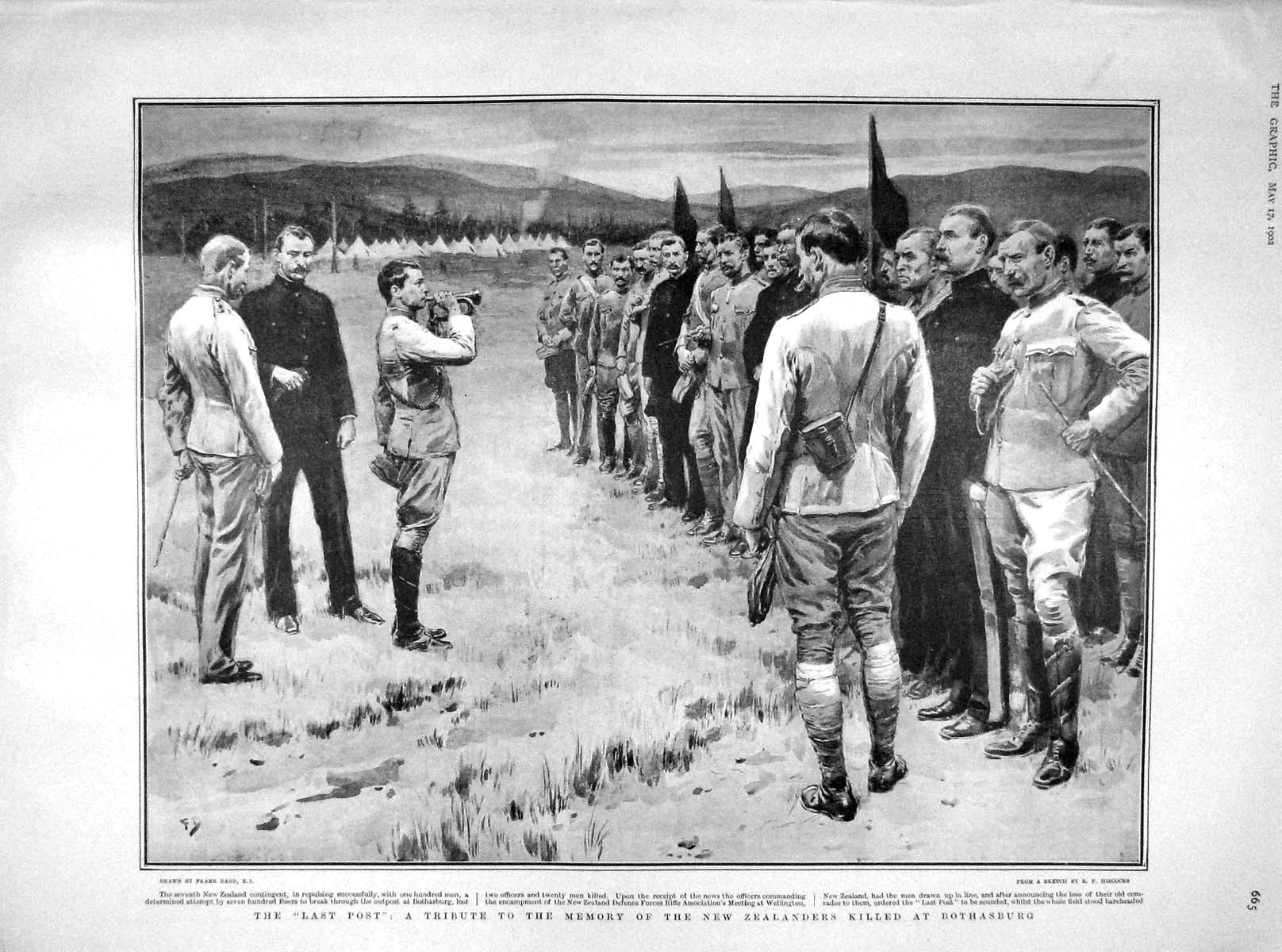 Original Old Antique Print 1902 Tribute New Zealanders Killed Bothasbur 20th