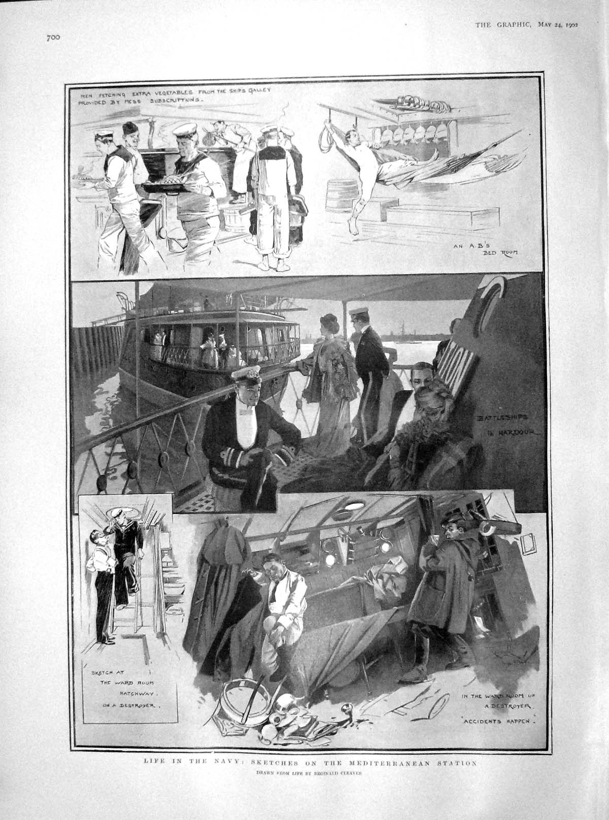 Old Antique Print 1902 Navy Mediterranean Station Ship Bed-Room Harbour 20th