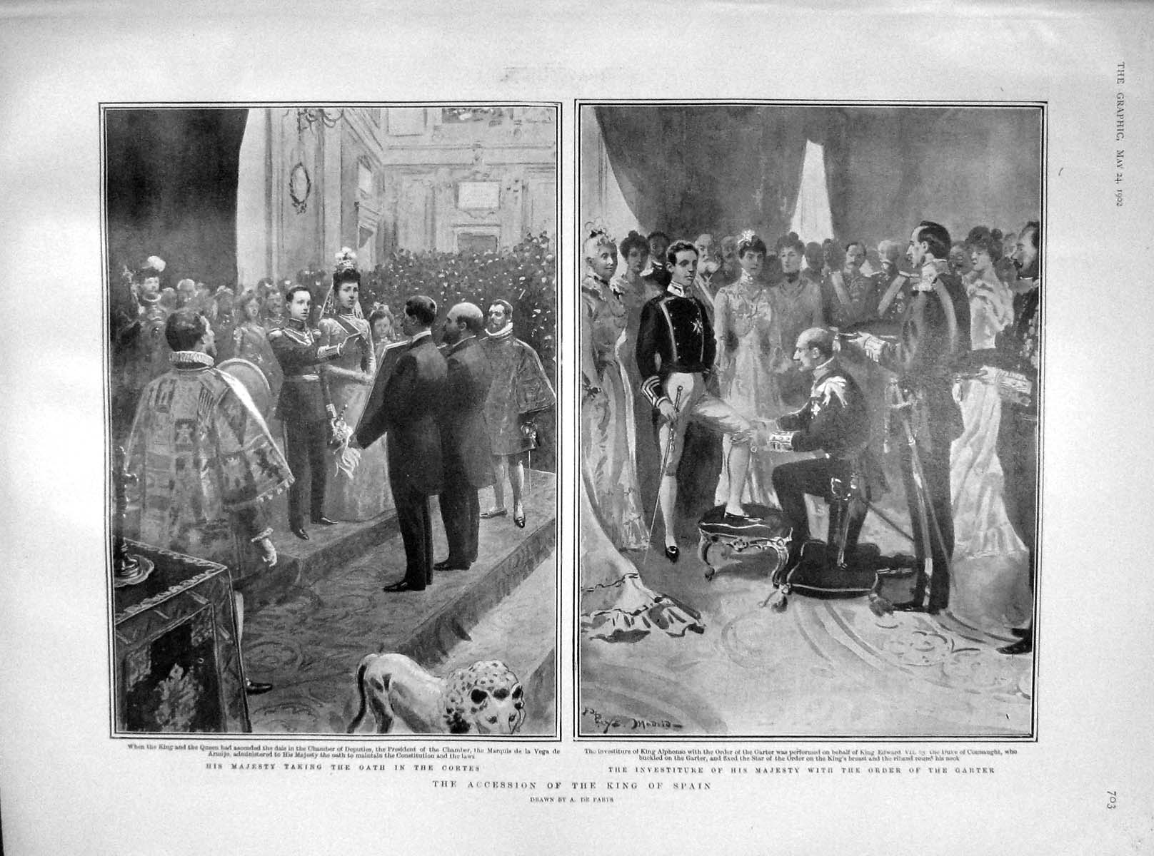 Original Old Antique Print 1902 King Spain Accession Order Garter Vryburg Boer