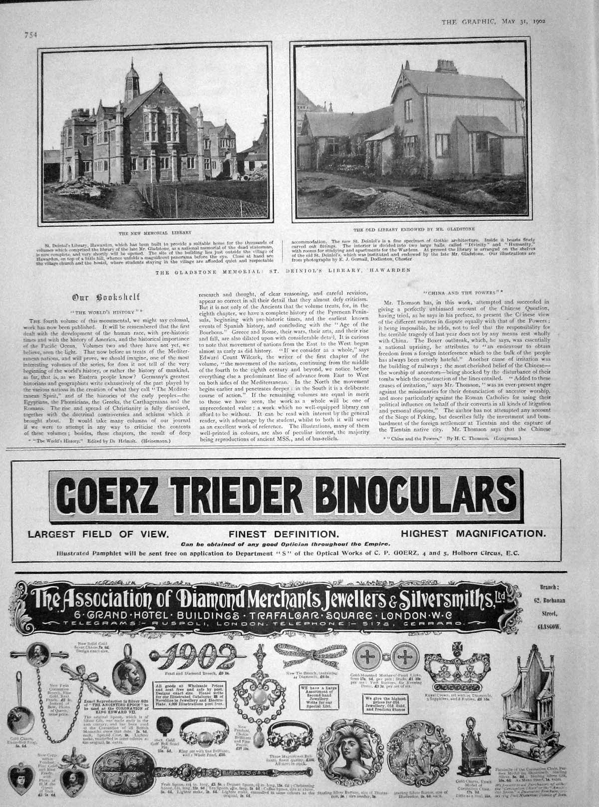 Original Old Antique Print 1902 Memorial Library Gladstone Hawarden Binoculars