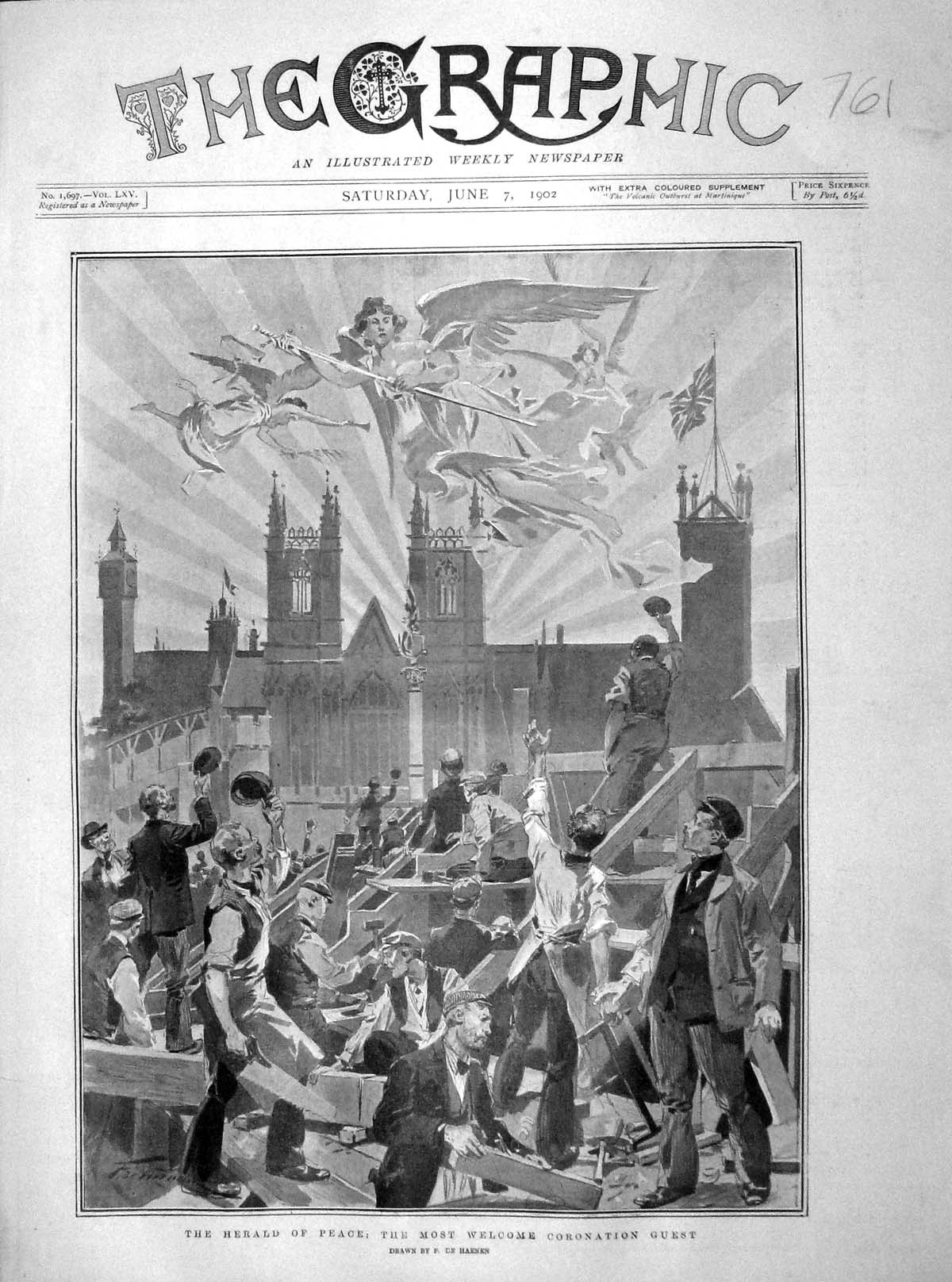 Original Old Antique Print 1902 Herald Peace Coronation Angels Flying Haenen