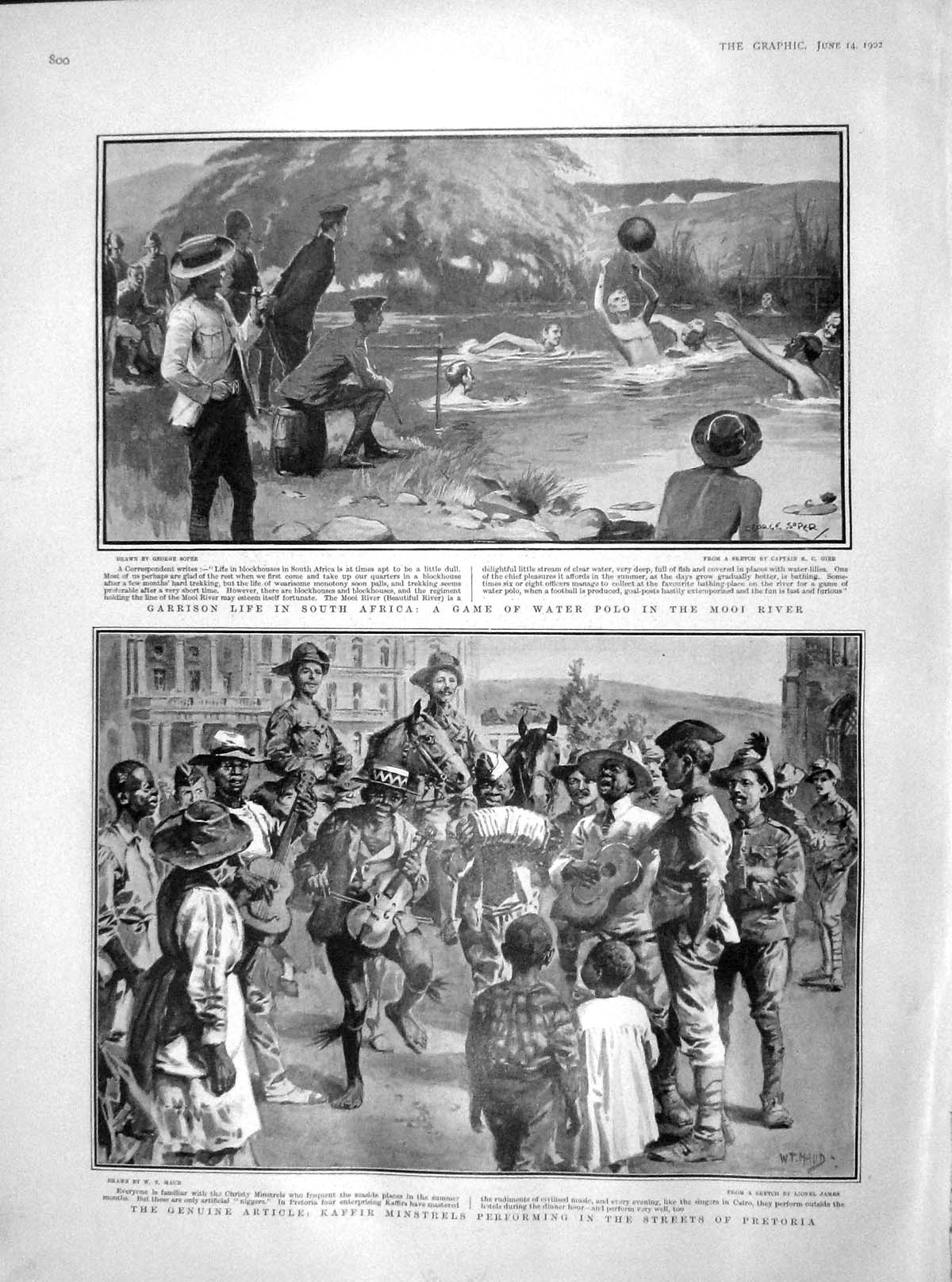 Original Old Antique Print 1902 Garrison Africa Water Polo Mooi Pretoria So 20th