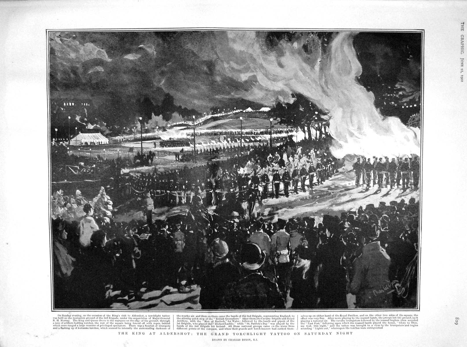 Original Old Antique Print 1902 King Aldershot Tatoo John Fisher Malta Pierre