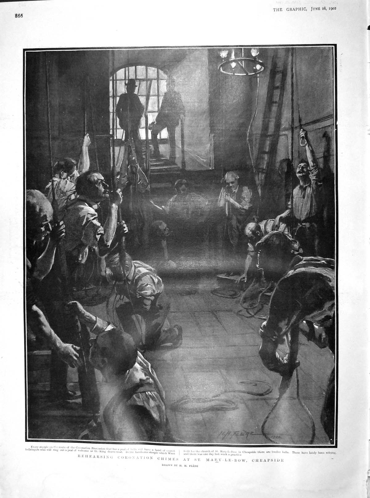 Original Old Antique Print 1902 Rehearsing Coronation Chimes Mary-Le-Bow Ch 20th