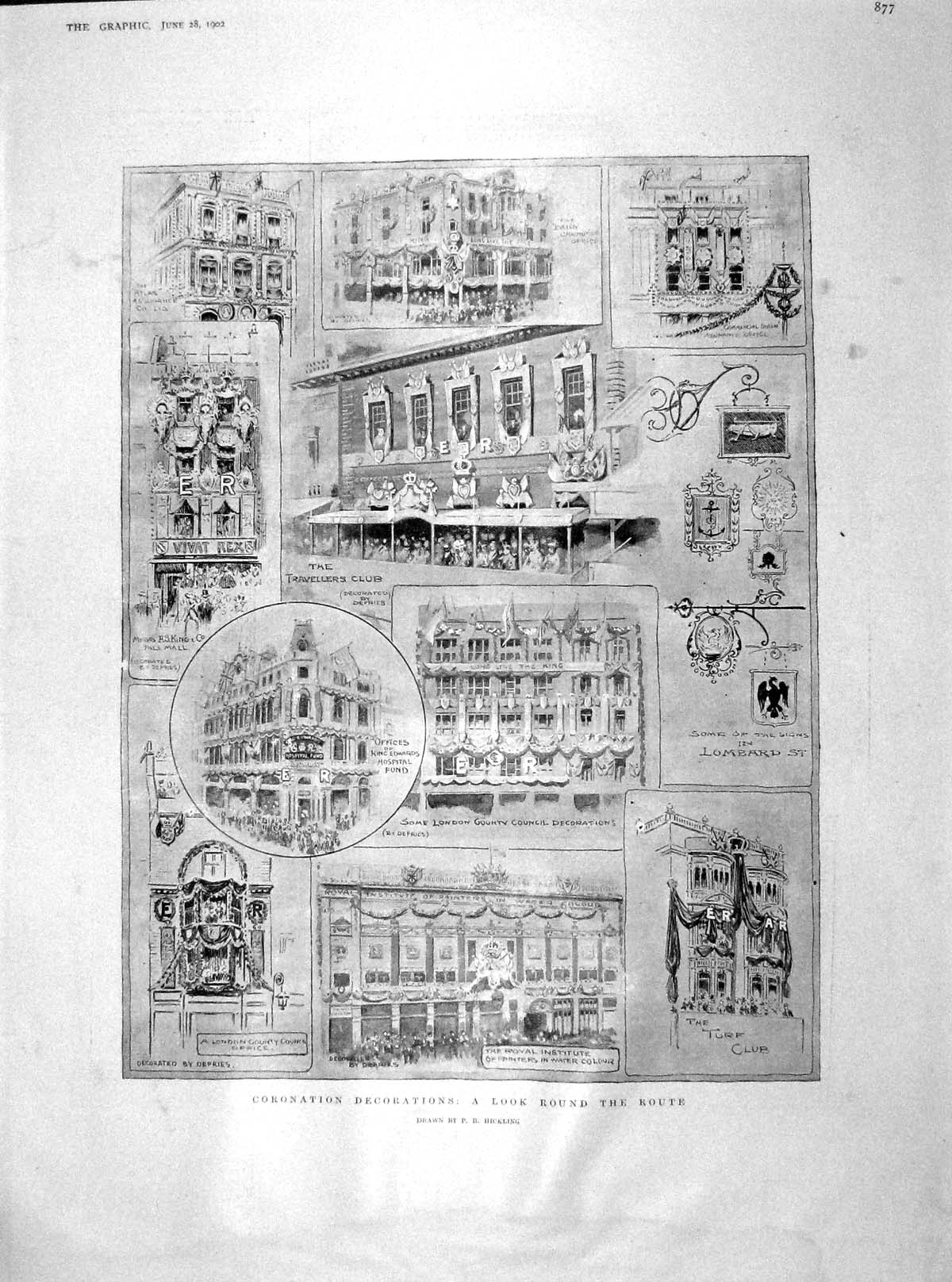 Original Old Antique Print 1902 Coronation Decorations Hospital Lombard 20th