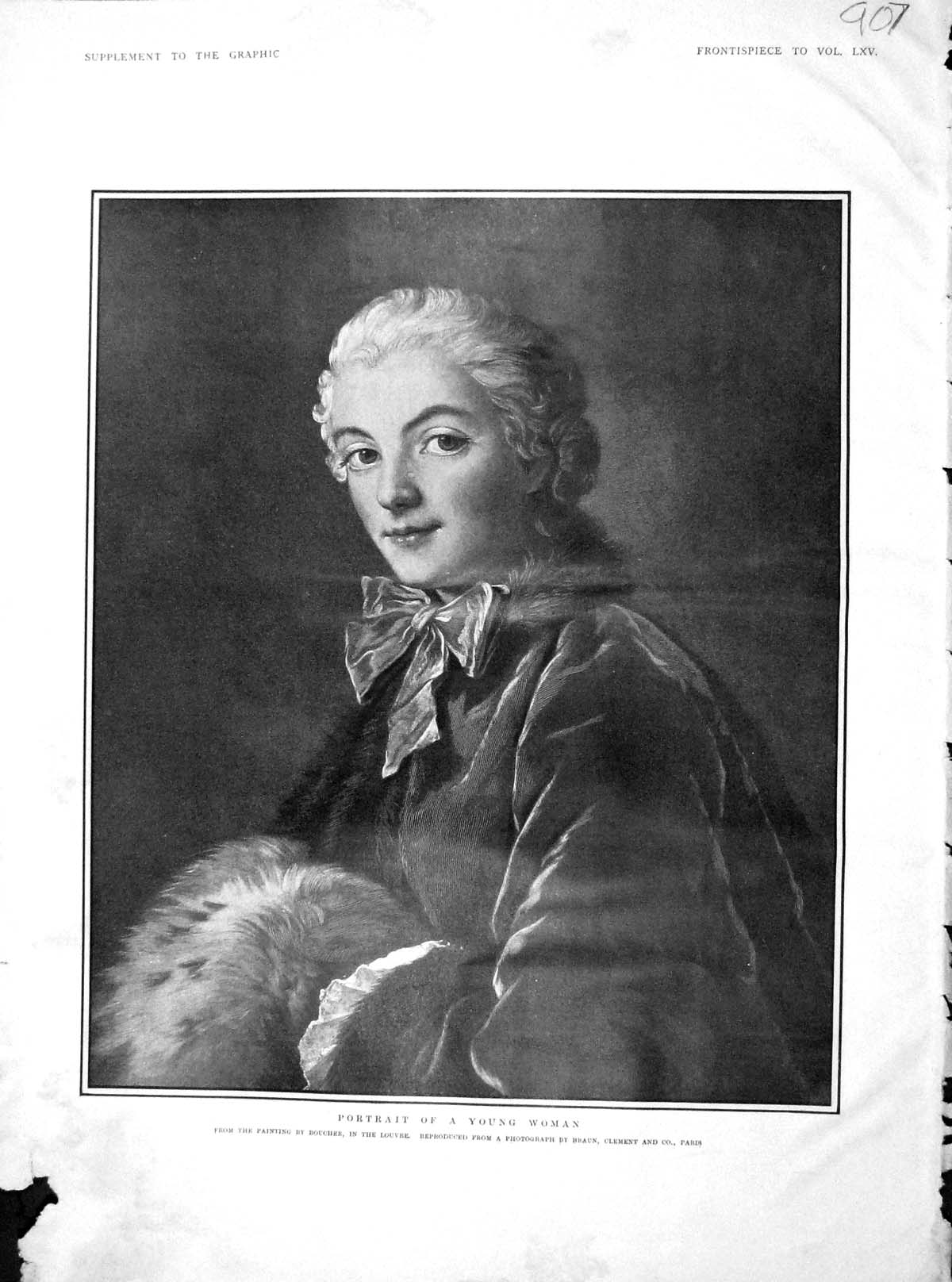 Original Old Antique Print 1902 Portrait Beautiful Young Woman Boucher 20th