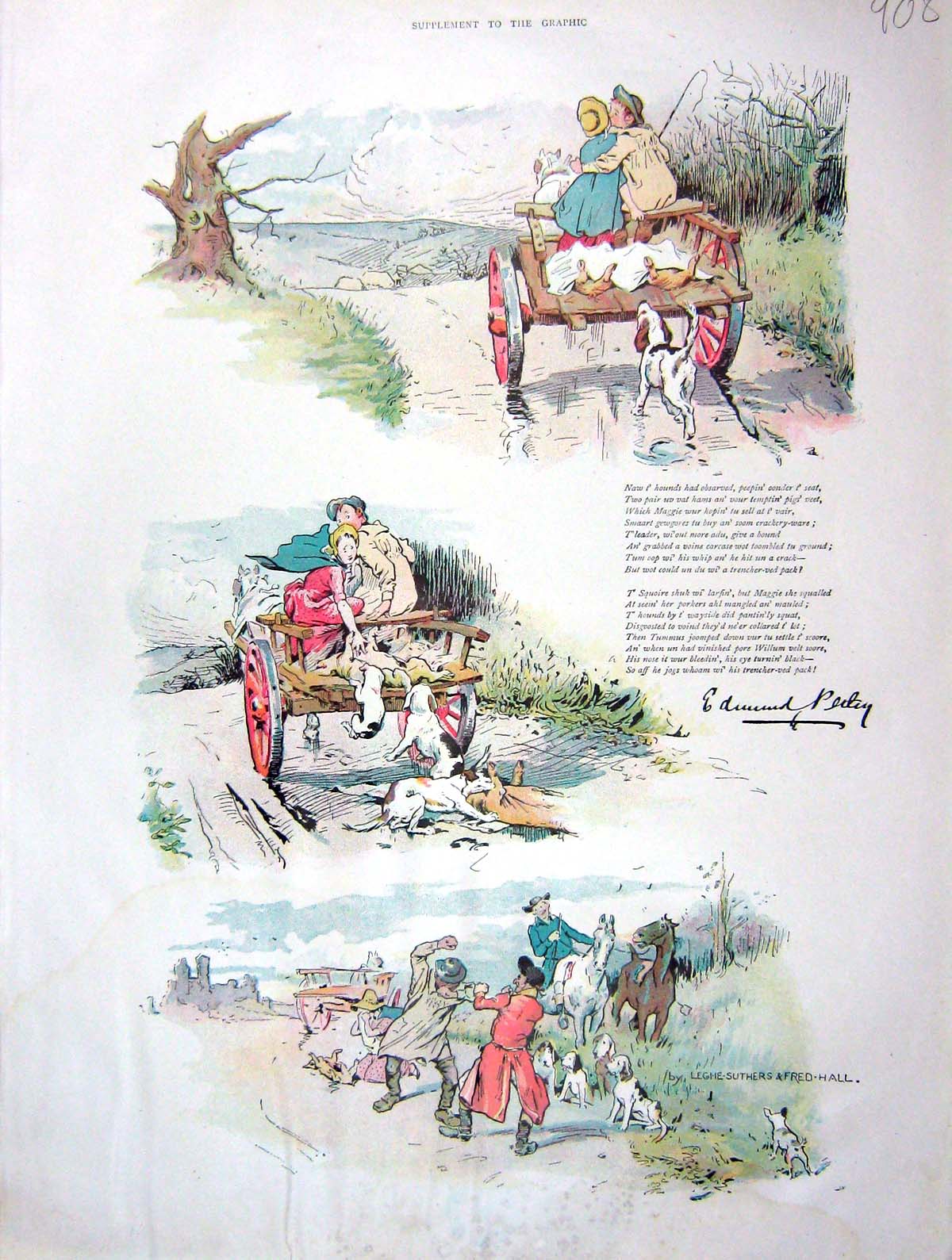 Original Old Antique Print 1902 Colour Country Cart Horse Dogs Hunting 20th