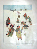Original Old Antique Print 1902 Colour Winter Amusements Sledging Spring 20th