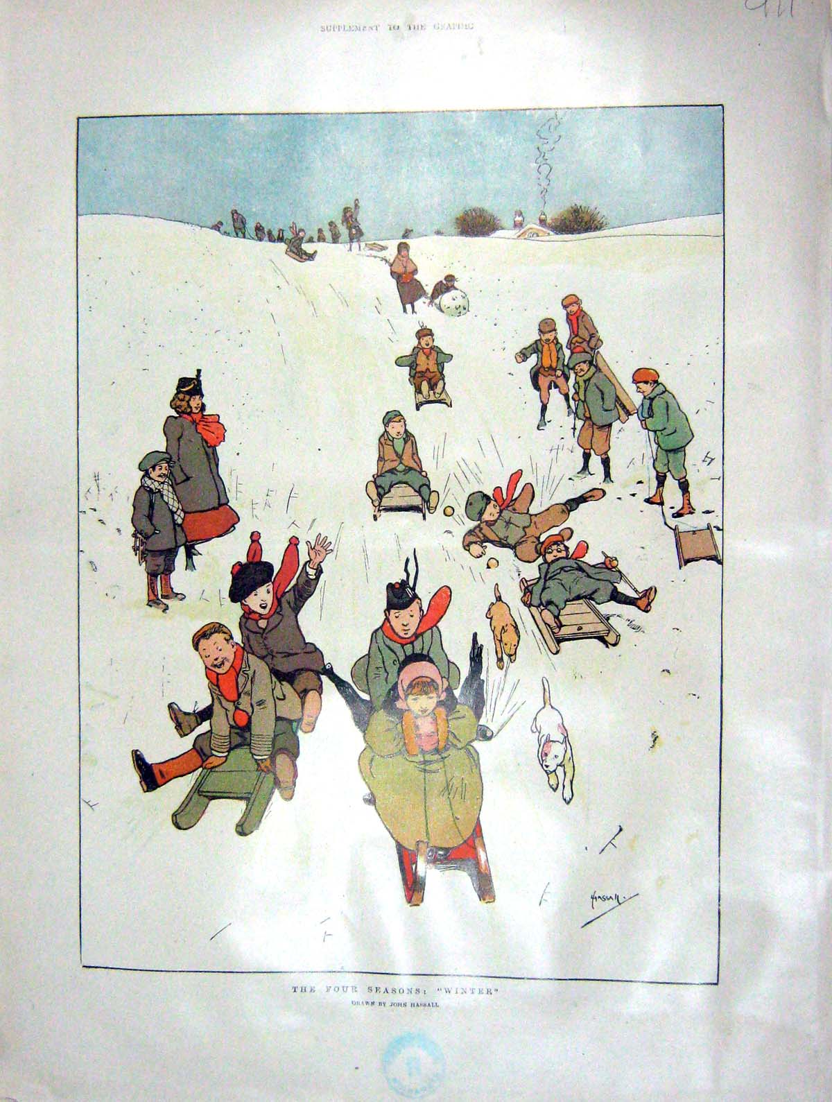 Original Old Antique Print 1902 Colour Winter Amusements Sledging Spring 20th