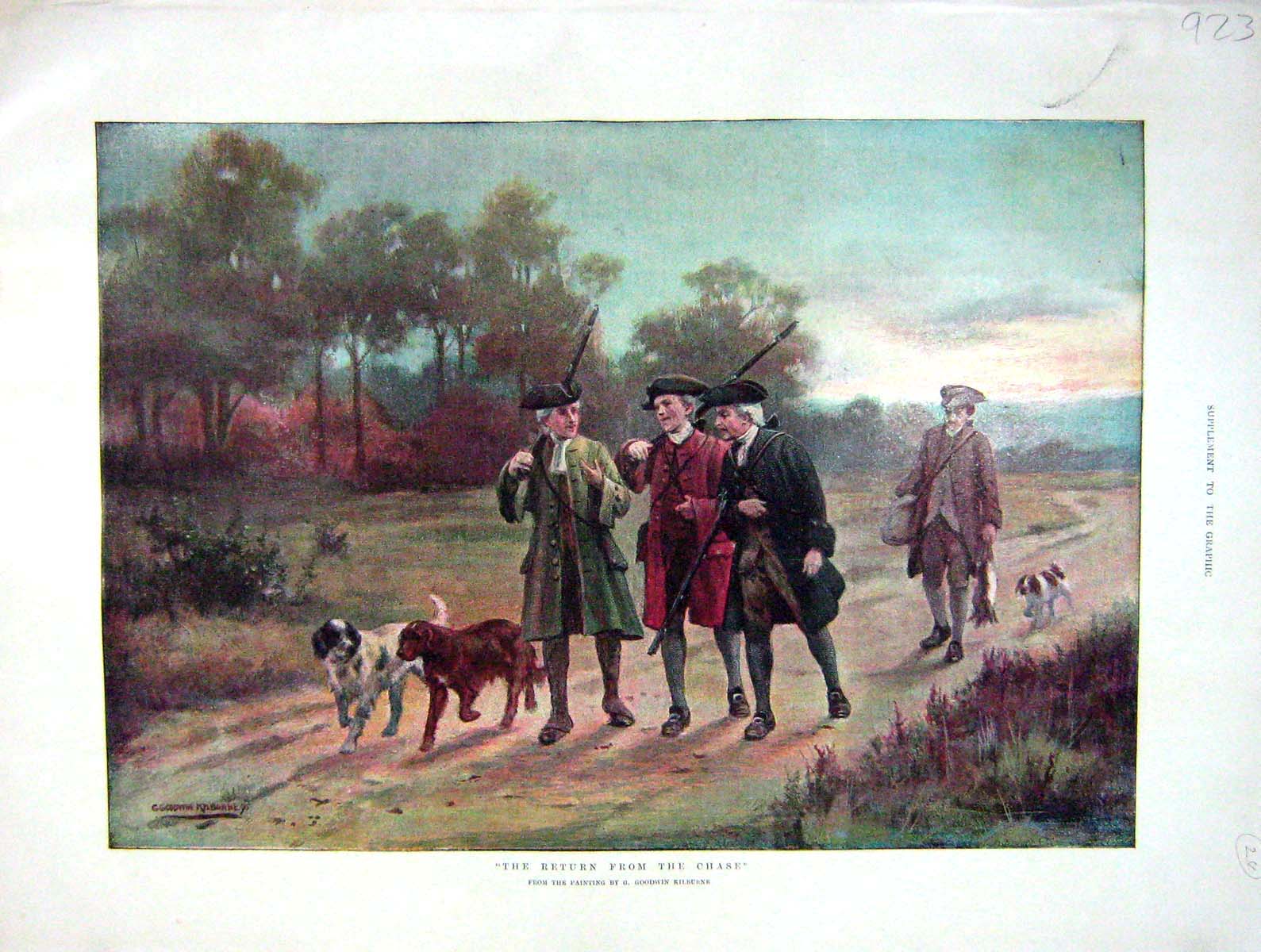 Original Old Antique Print 1902 Return Chase Huntsmen Guns Dogs Kilburne 20th