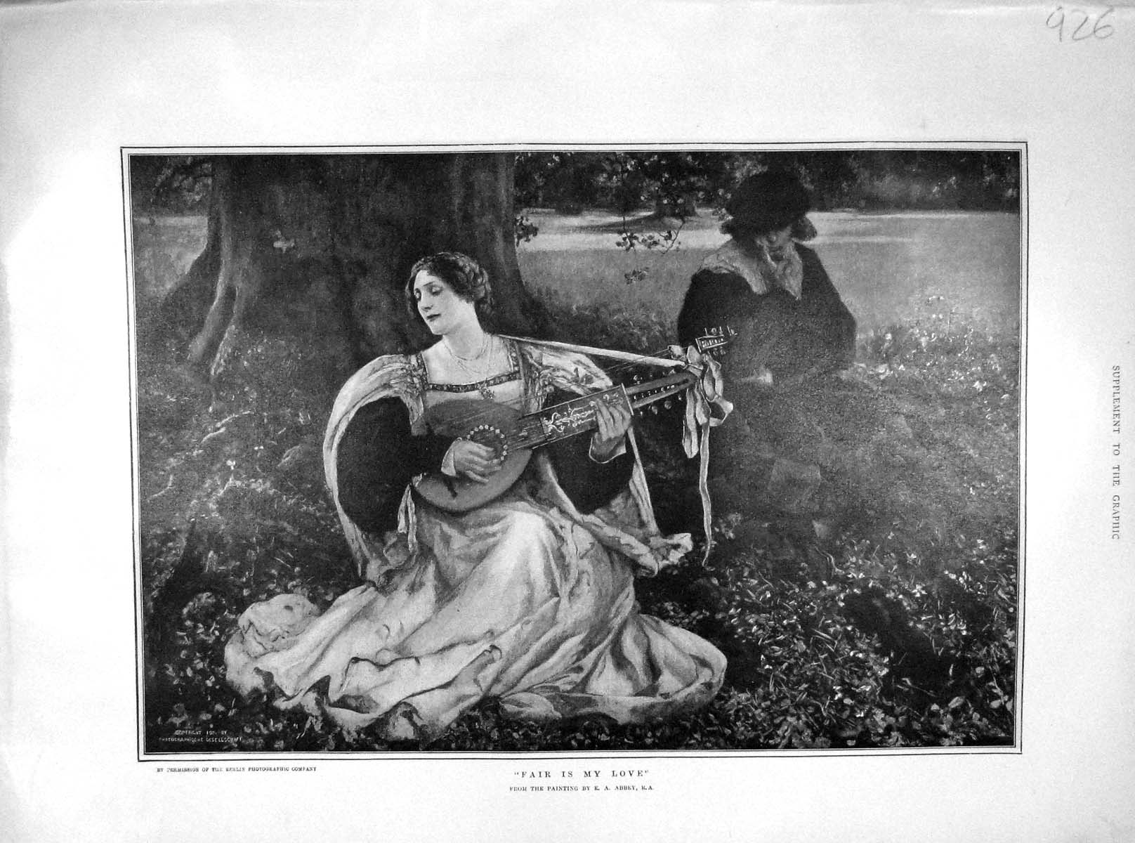 Original Old Antique Print 1902 Fair Love Man Lady Music Romance Abbey Fine Art