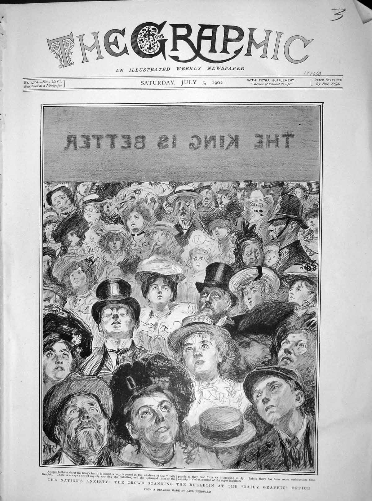 Original Old Antique Print 1902 Crowd Scanning Bulletin Daily Telegraph King
