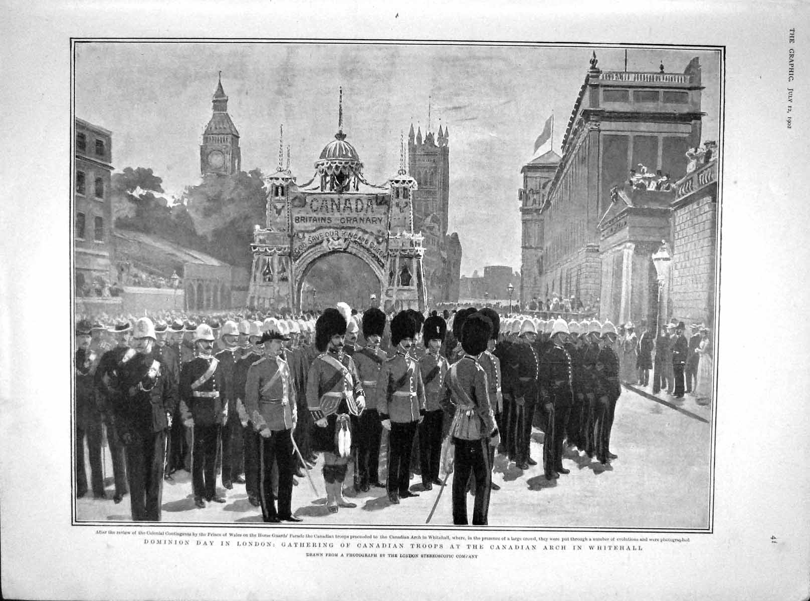 Original Old Antique Print 1902 Canada Troops Whitehall Dominion Connaught Fire